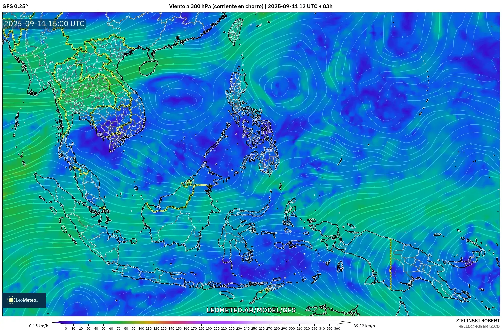 GFS model - Sudeste Asiático, Viento a 300 hPa (corriente en chorro)