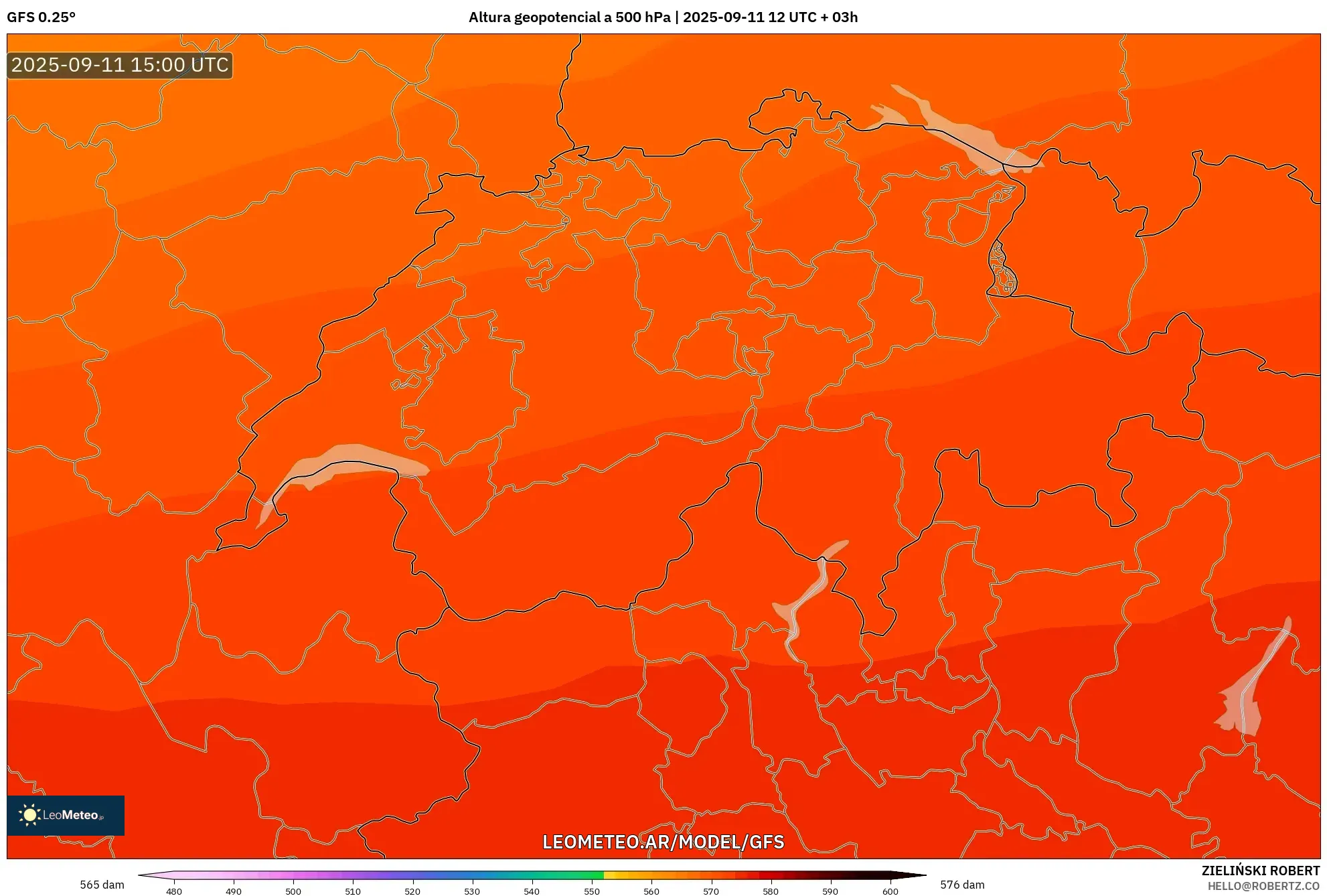 GFS model - Suiza, Altura geopotencial a 500 hPa