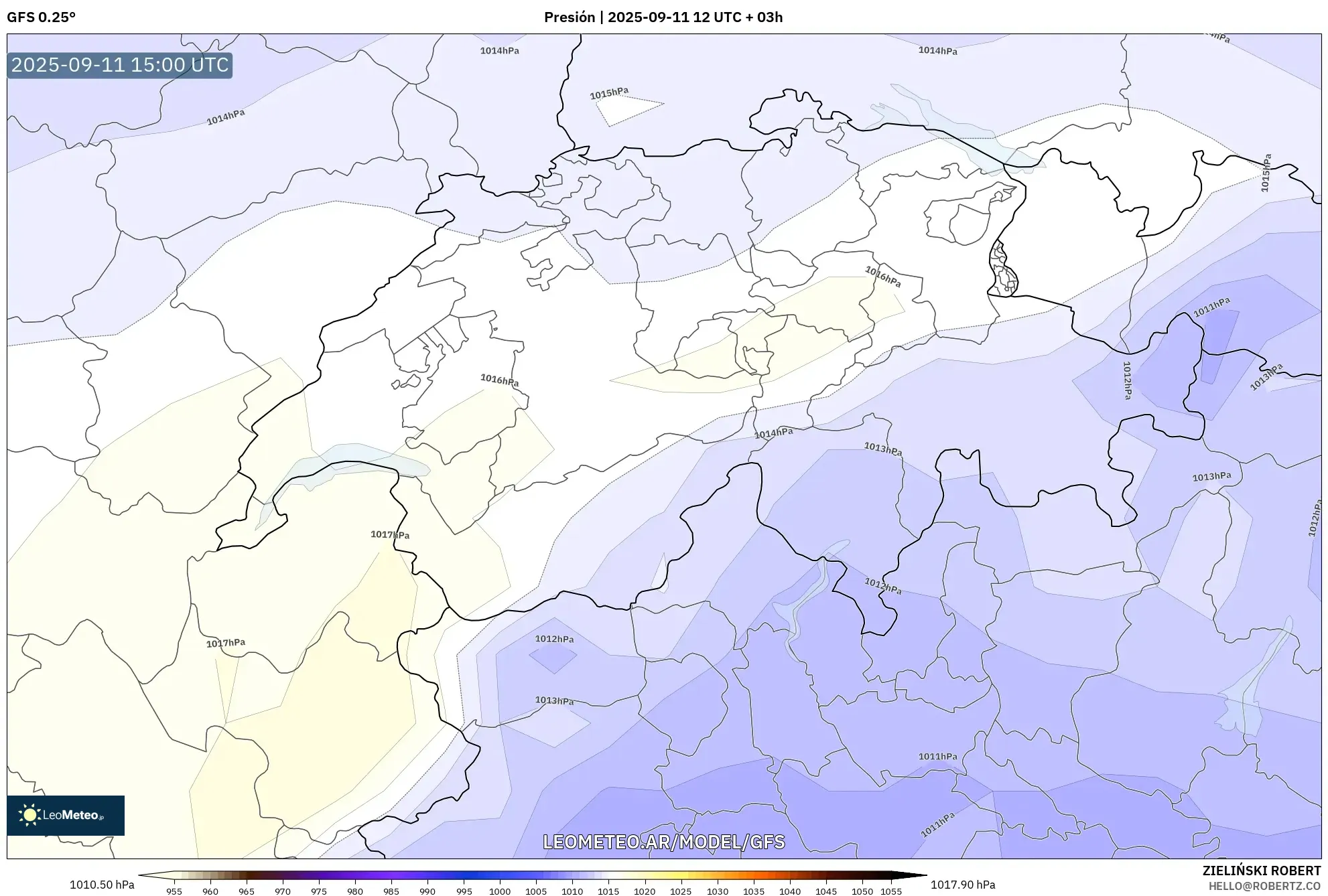 GFS model - Suiza, Presión GFS model - Suiza, Presión