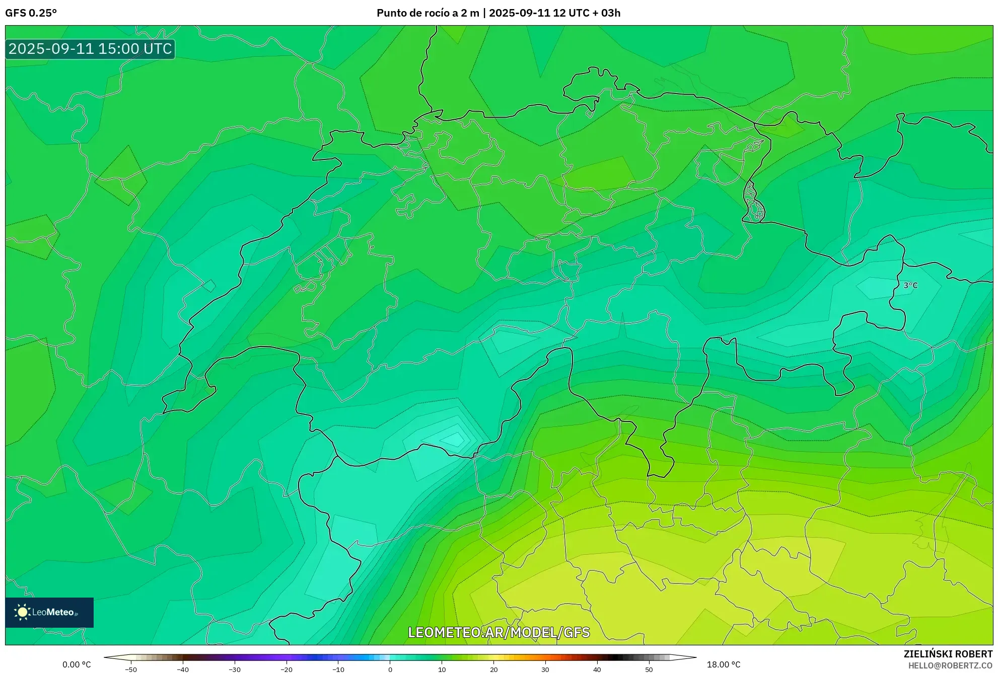 GFS model - Suiza, Punto de rocío a 2 m