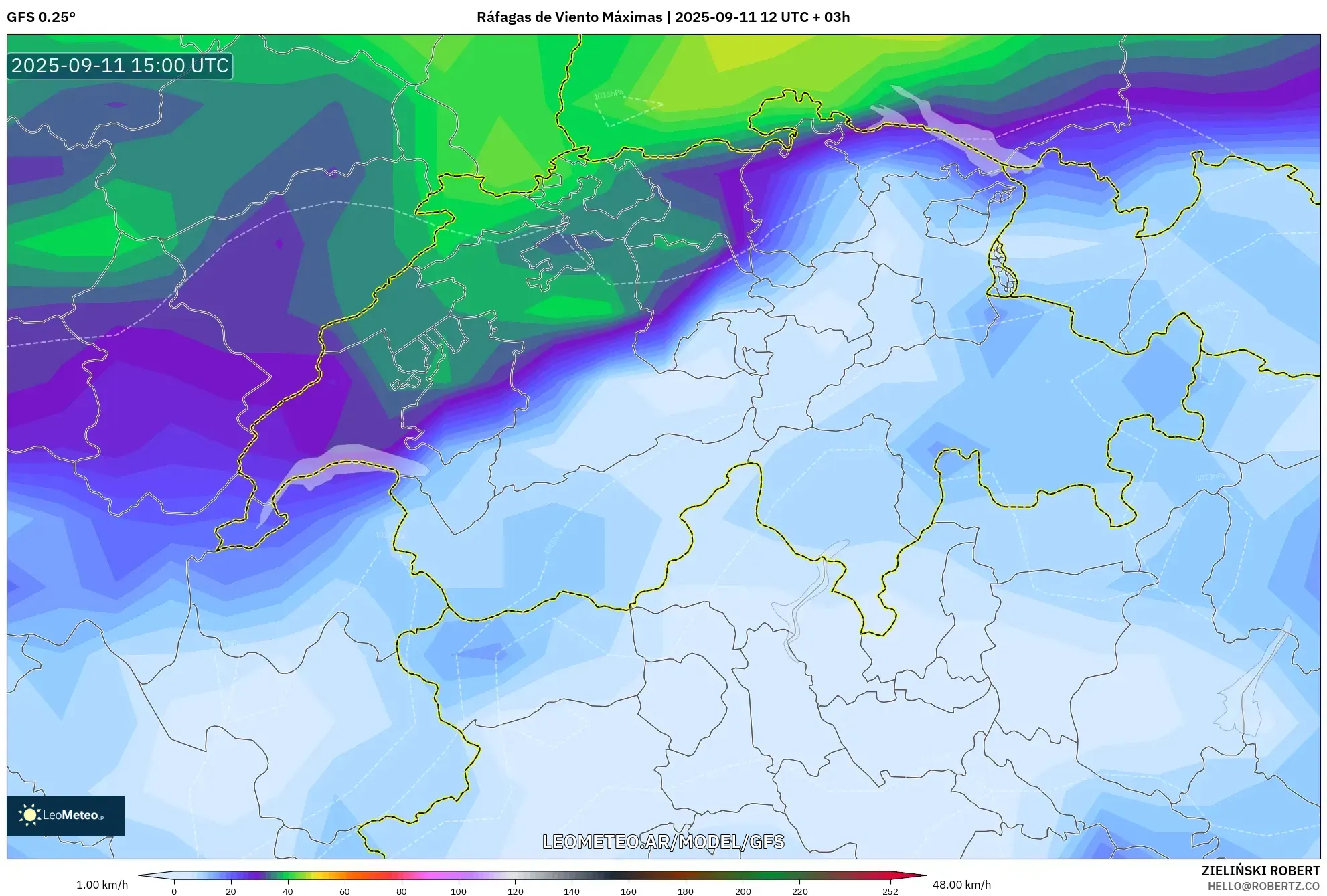 GFS model - Suiza, Ráfagas de Viento Máximas GFS model - Suiza, Ráfagas de Viento Máximas