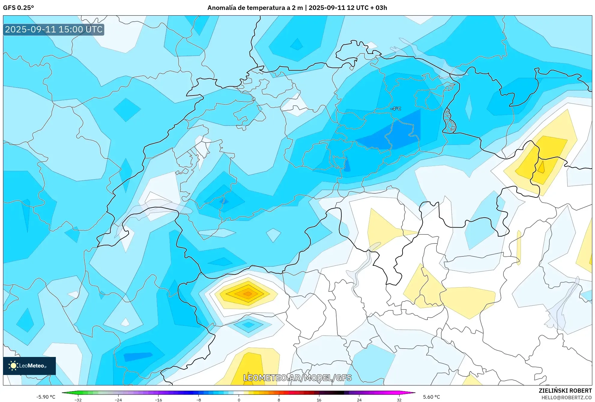 GFS model - Suiza, Anomalía de temperatura a 2 m