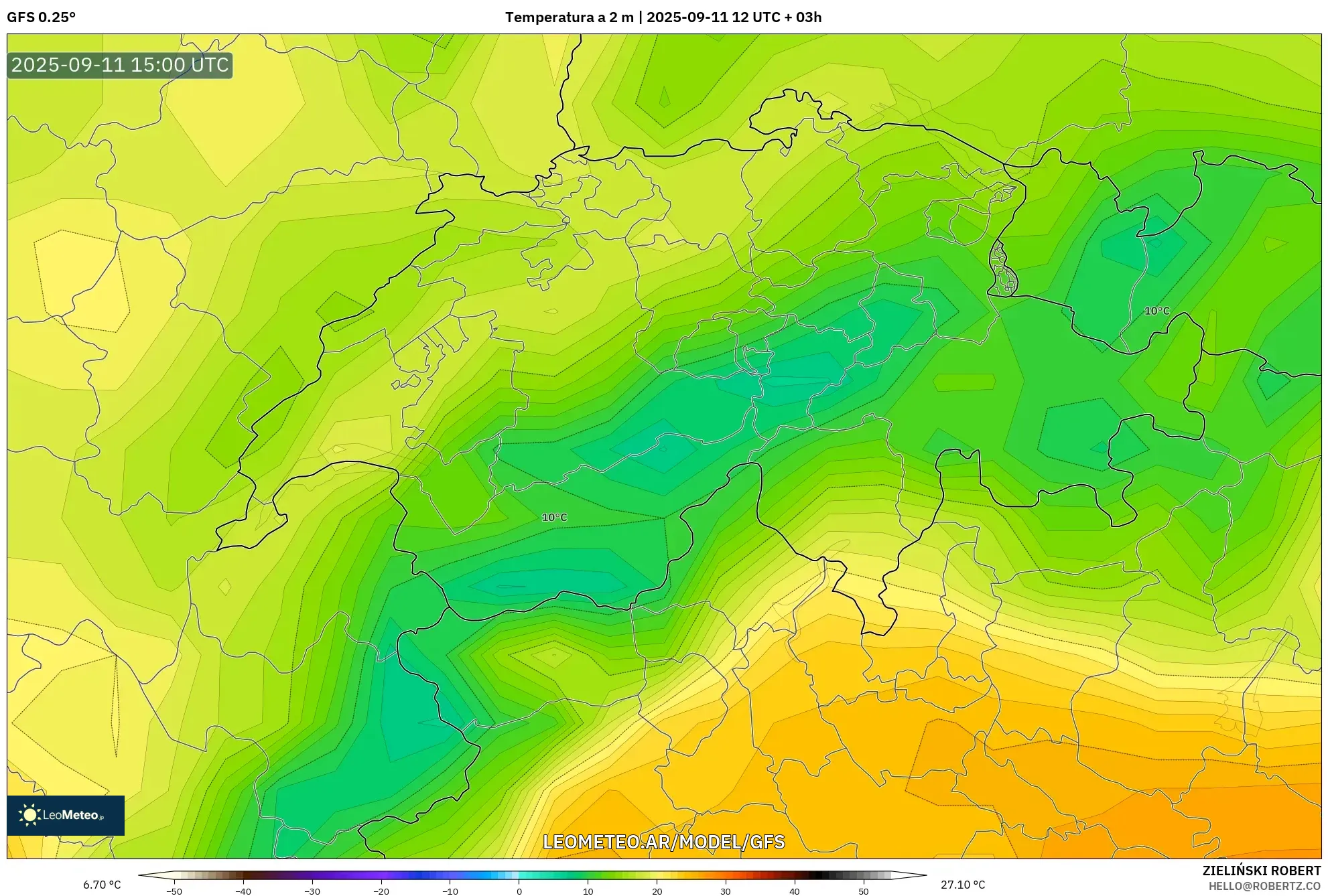 GFS model - Suiza, Temperatura a 2 m GFS model - Suiza, Temperatura a 2 m