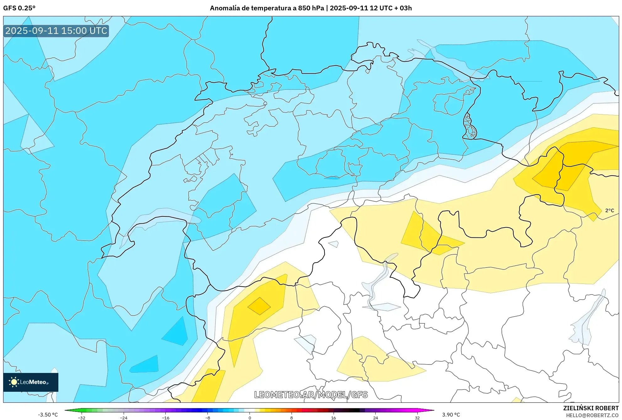 GFS model - Suiza, Anomalía de temperatura a 850 hPa