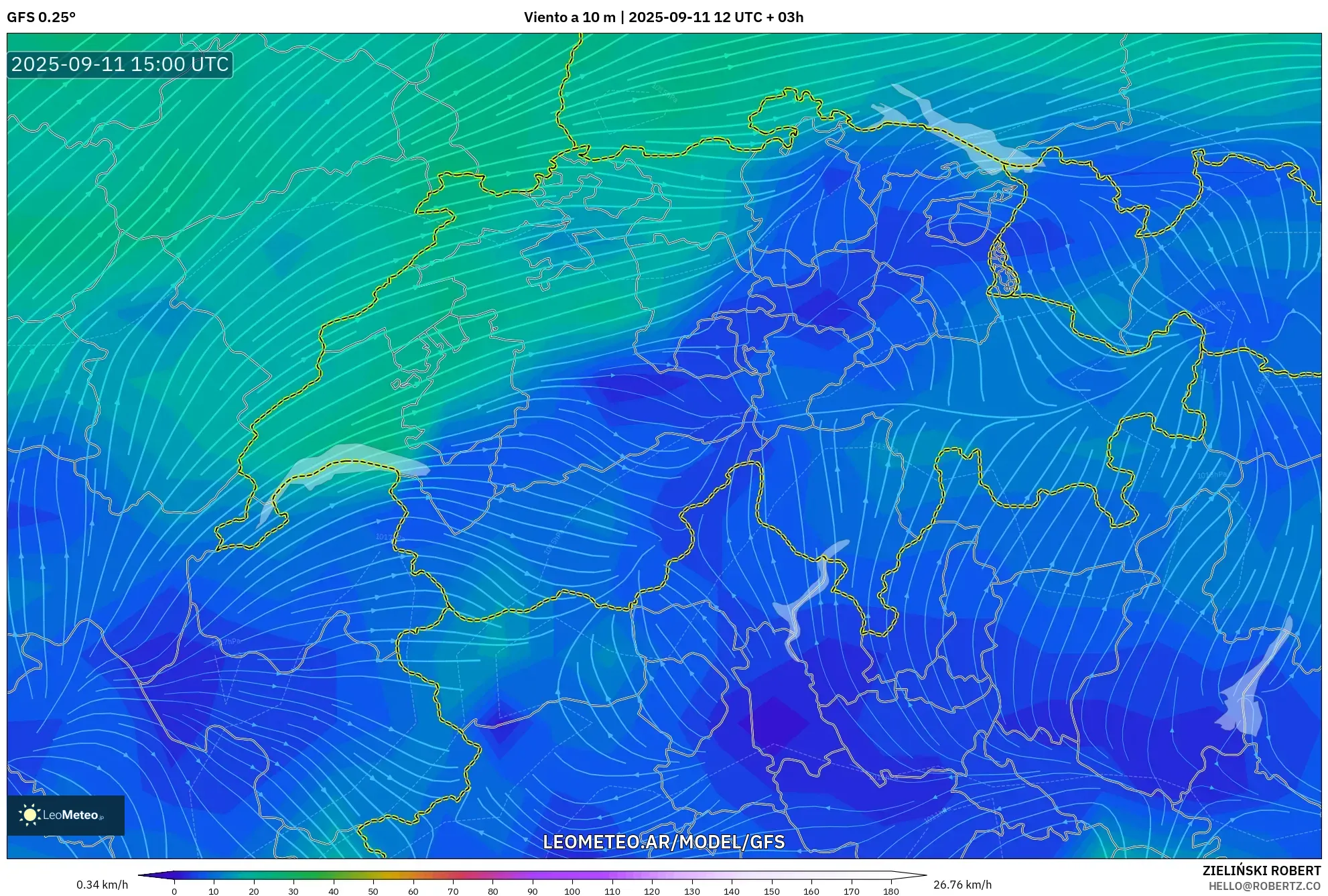 GFS model - Suiza, Viento a 10 m