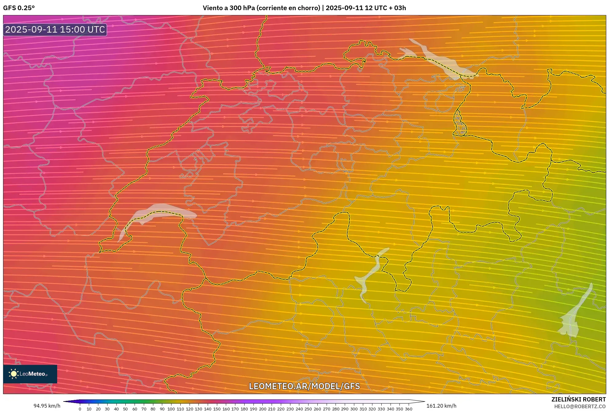 GFS model - Suiza, Viento a 300 hPa (corriente en chorro)