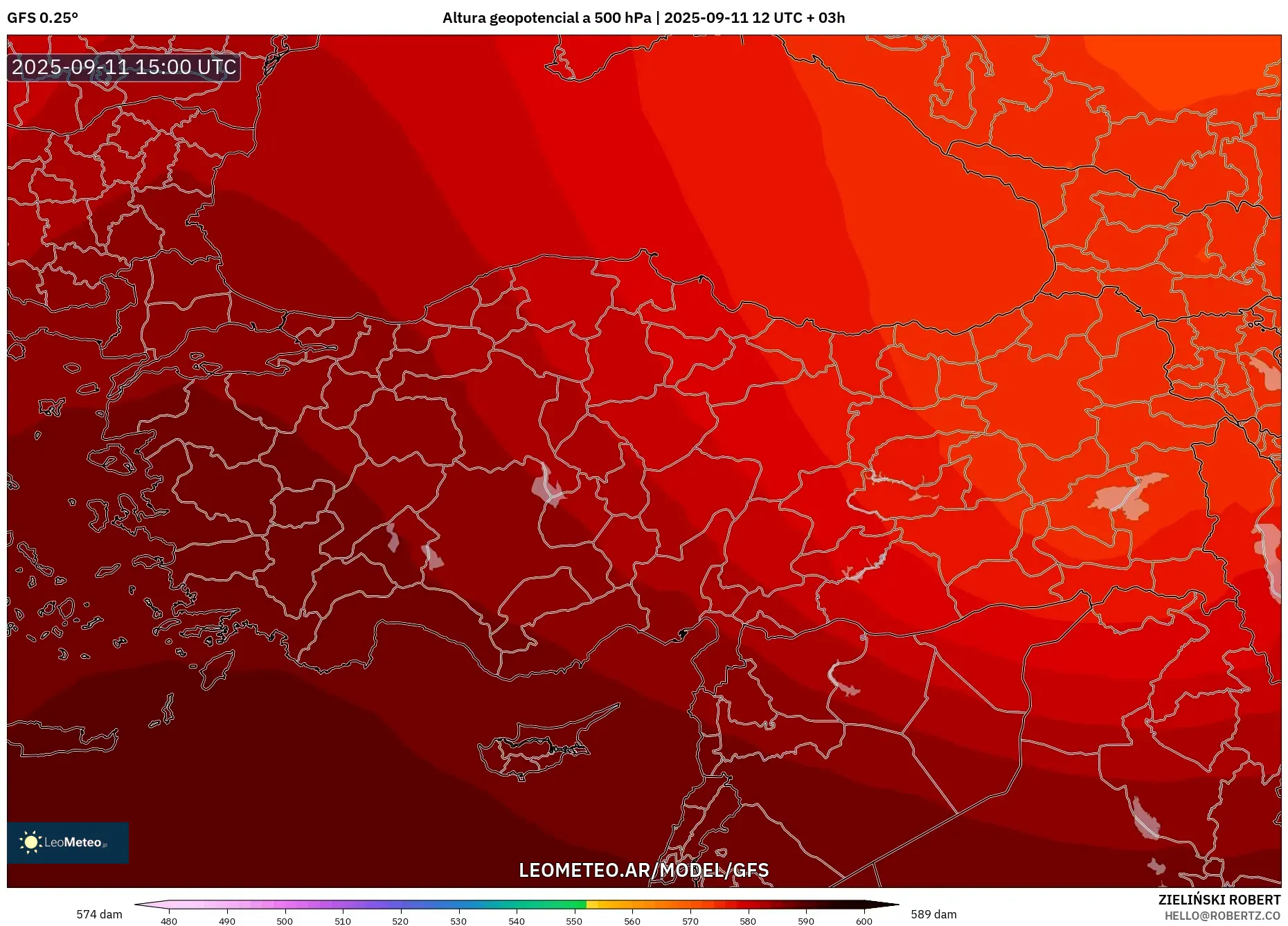 GFS model - Turquía, Altura geopotencial a 500 hPa