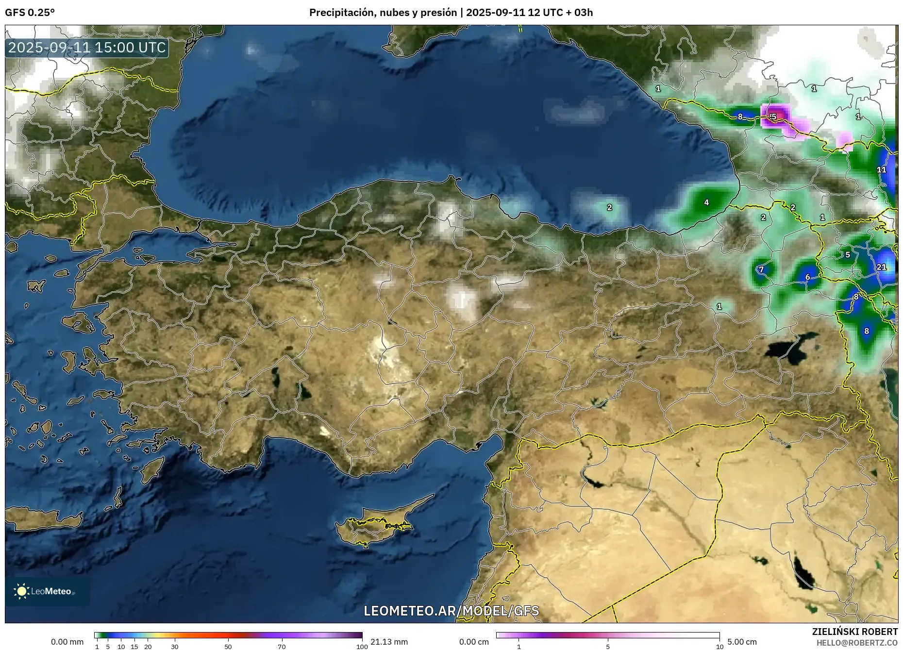 GFS model - Turquía, Precipitación, nubes y presión