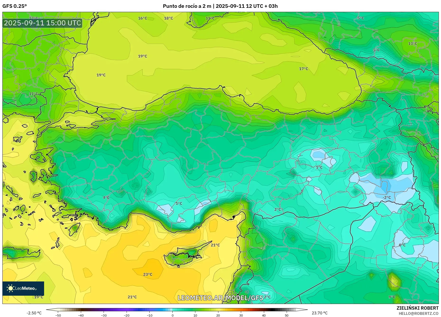 GFS model - Turquía, Punto de rocío a 2 m
