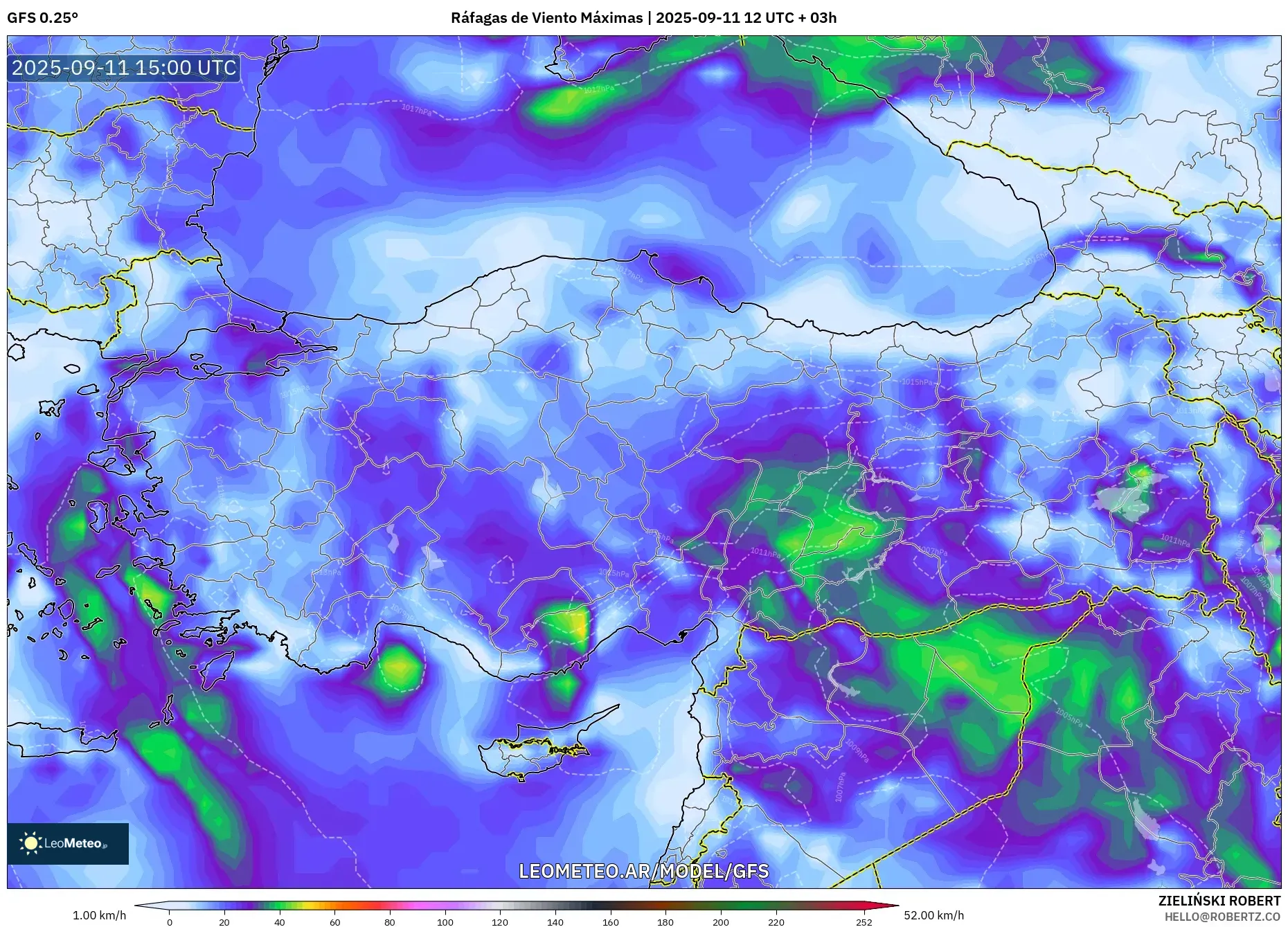 GFS model - Turquía, Ráfagas de Viento Máximas