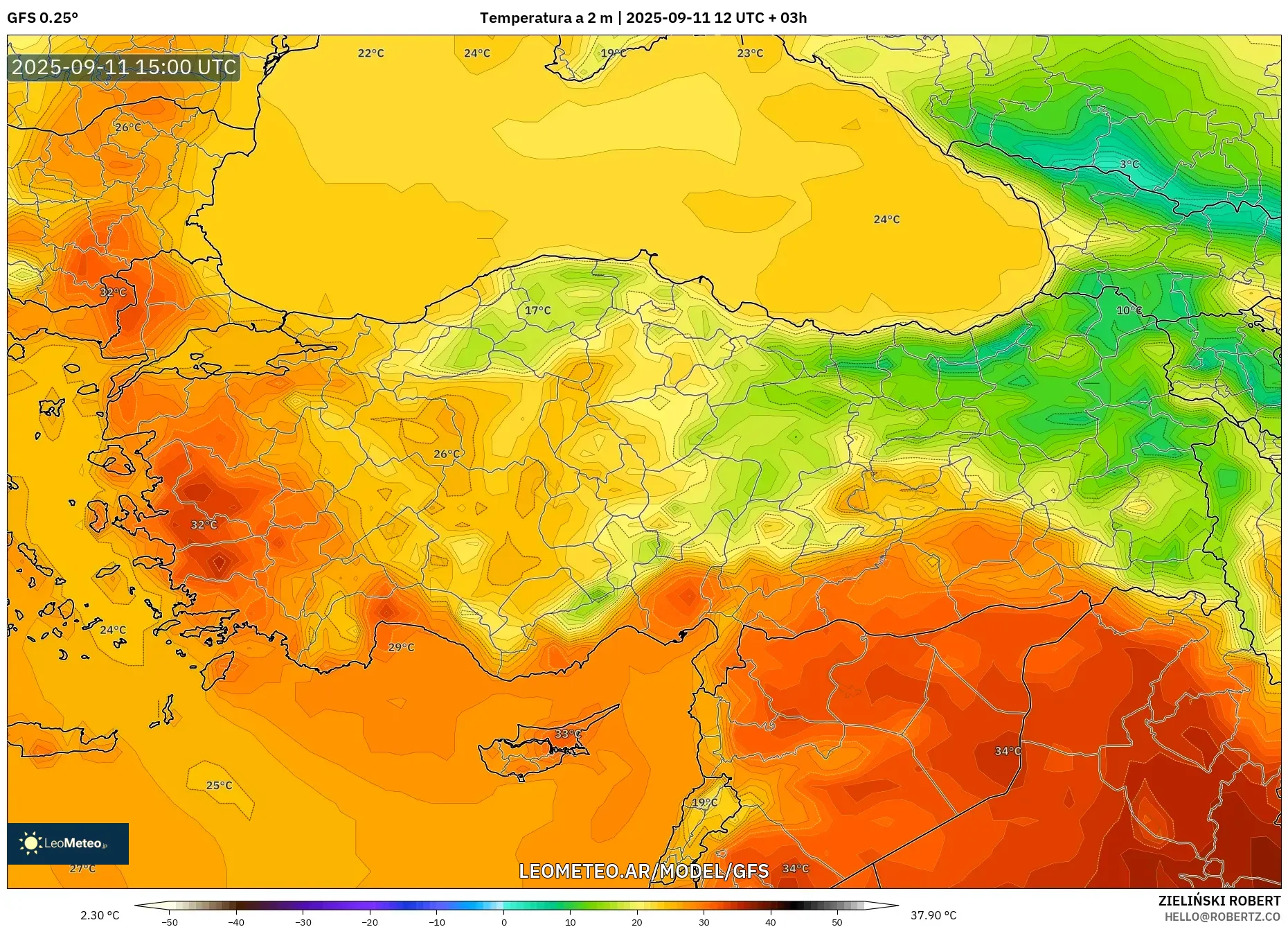 GFS model - Turquía, Temperatura a 2 m