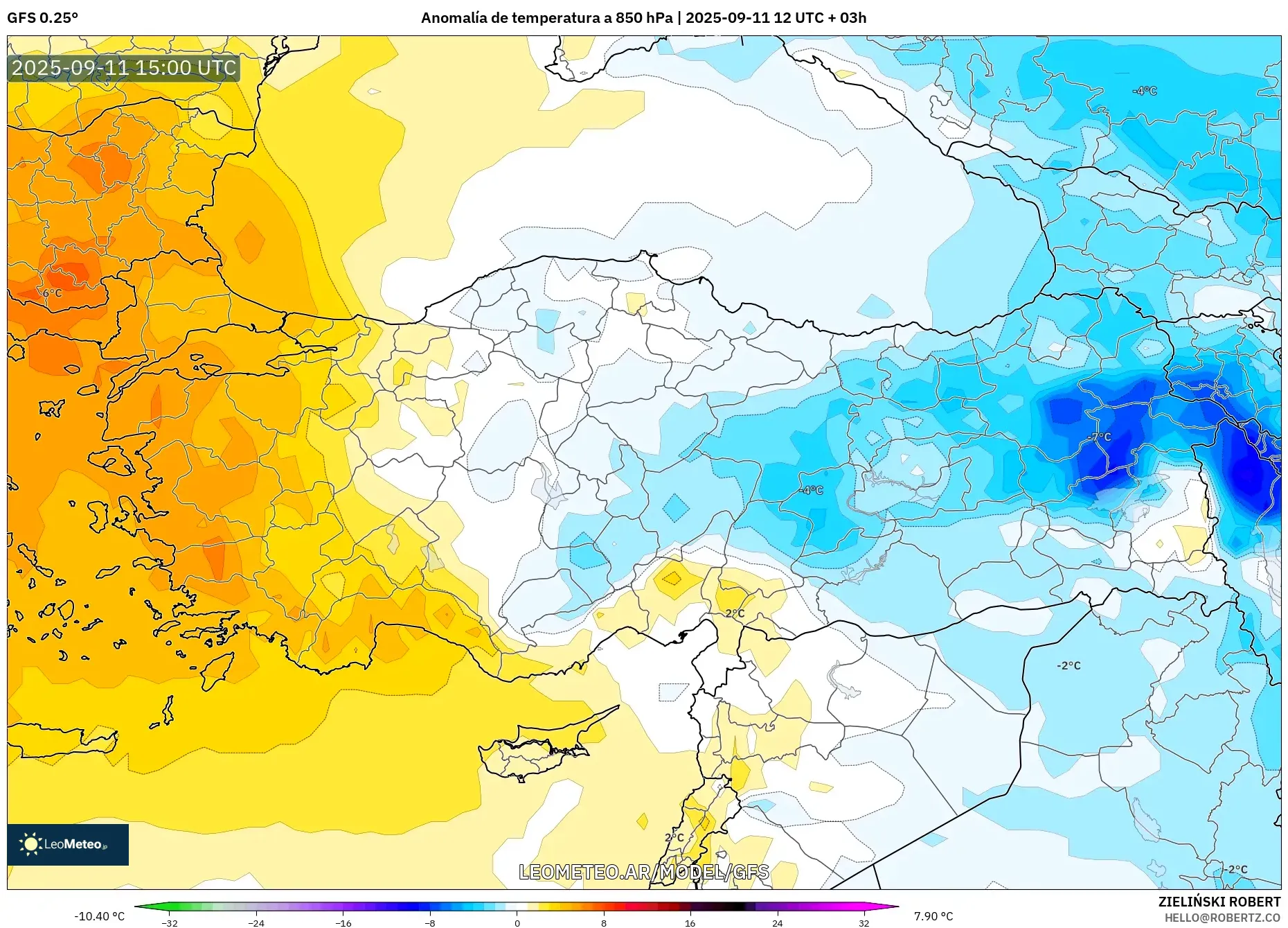GFS model - Turquía, Anomalía de temperatura a 850 hPa GFS model - Turquía, Anomalía de temperatura a 850 hPa