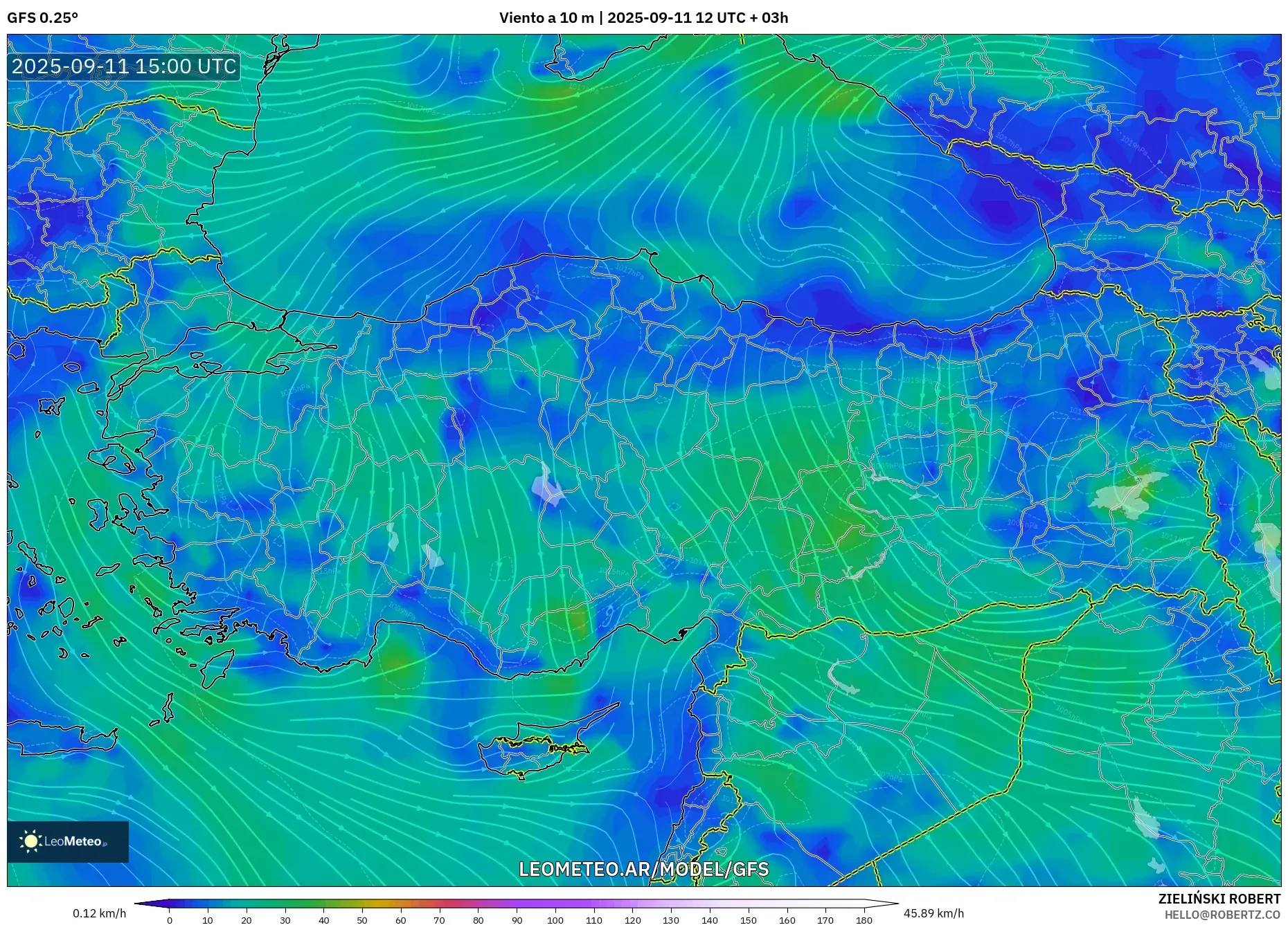 GFS model - Turquía, Viento a 10 m