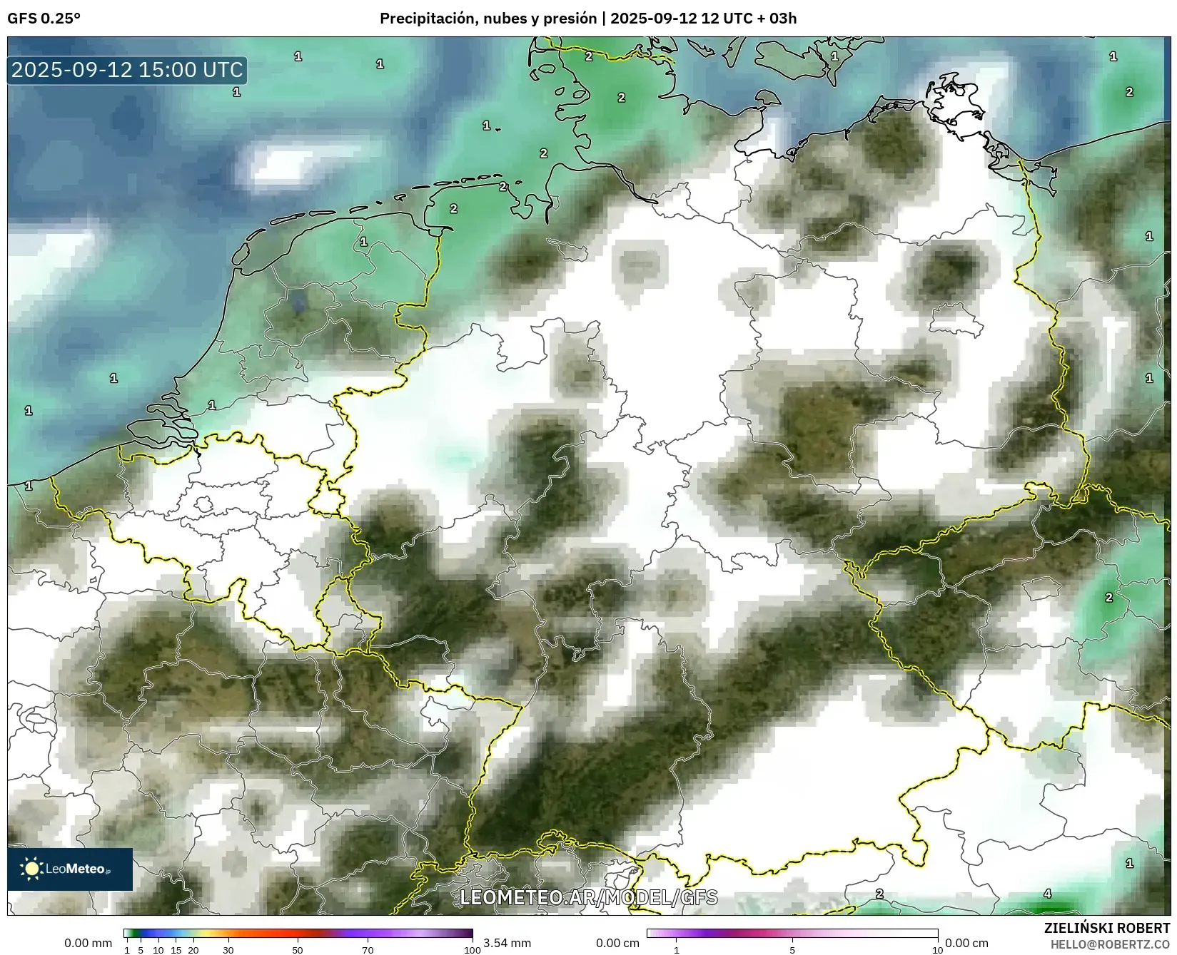 GFS model - Alemania, Precipitación, nubes y presión GFS model - Alemania, Precipitación, nubes y presión