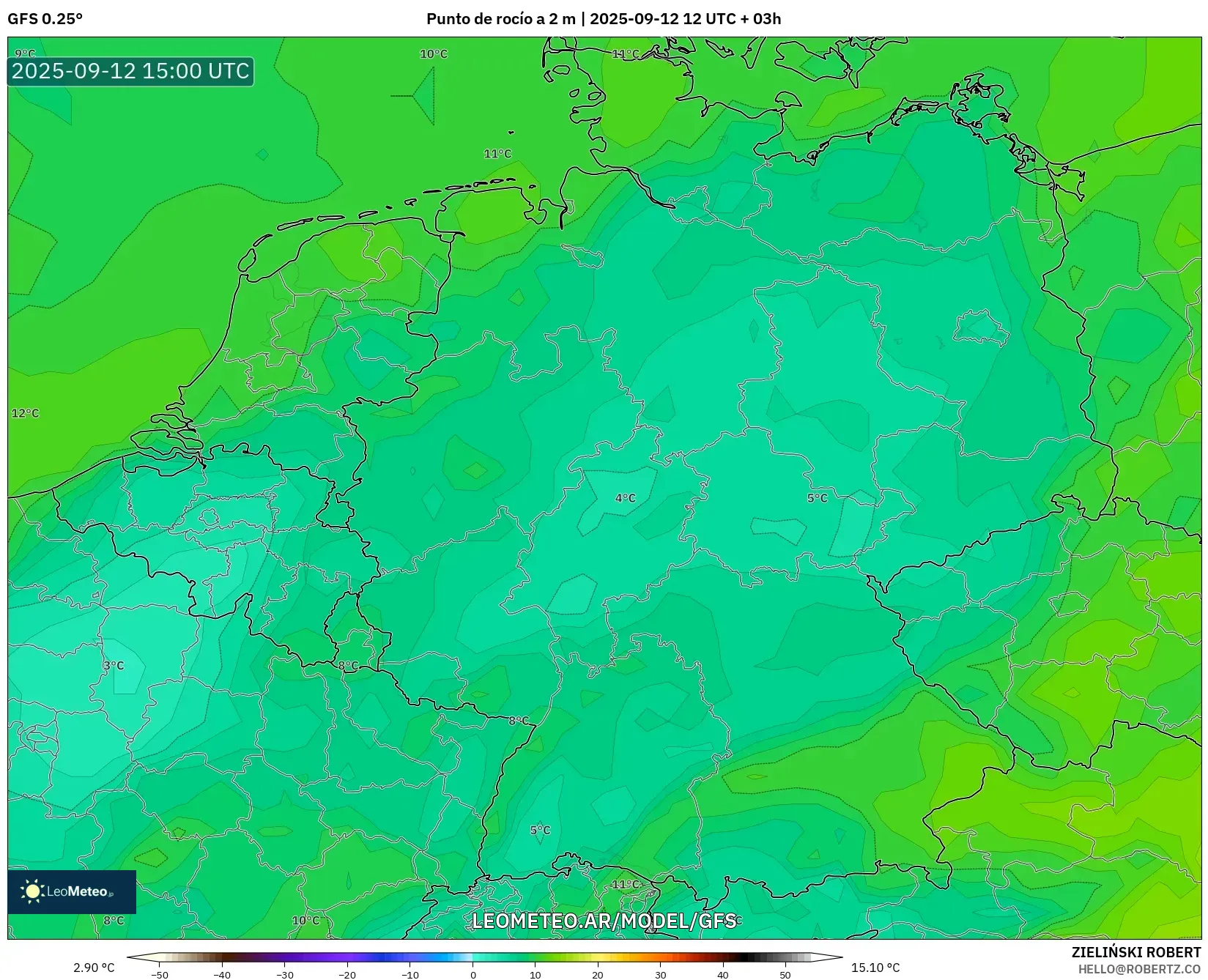 GFS model - Alemania, Punto de rocío a 2 m