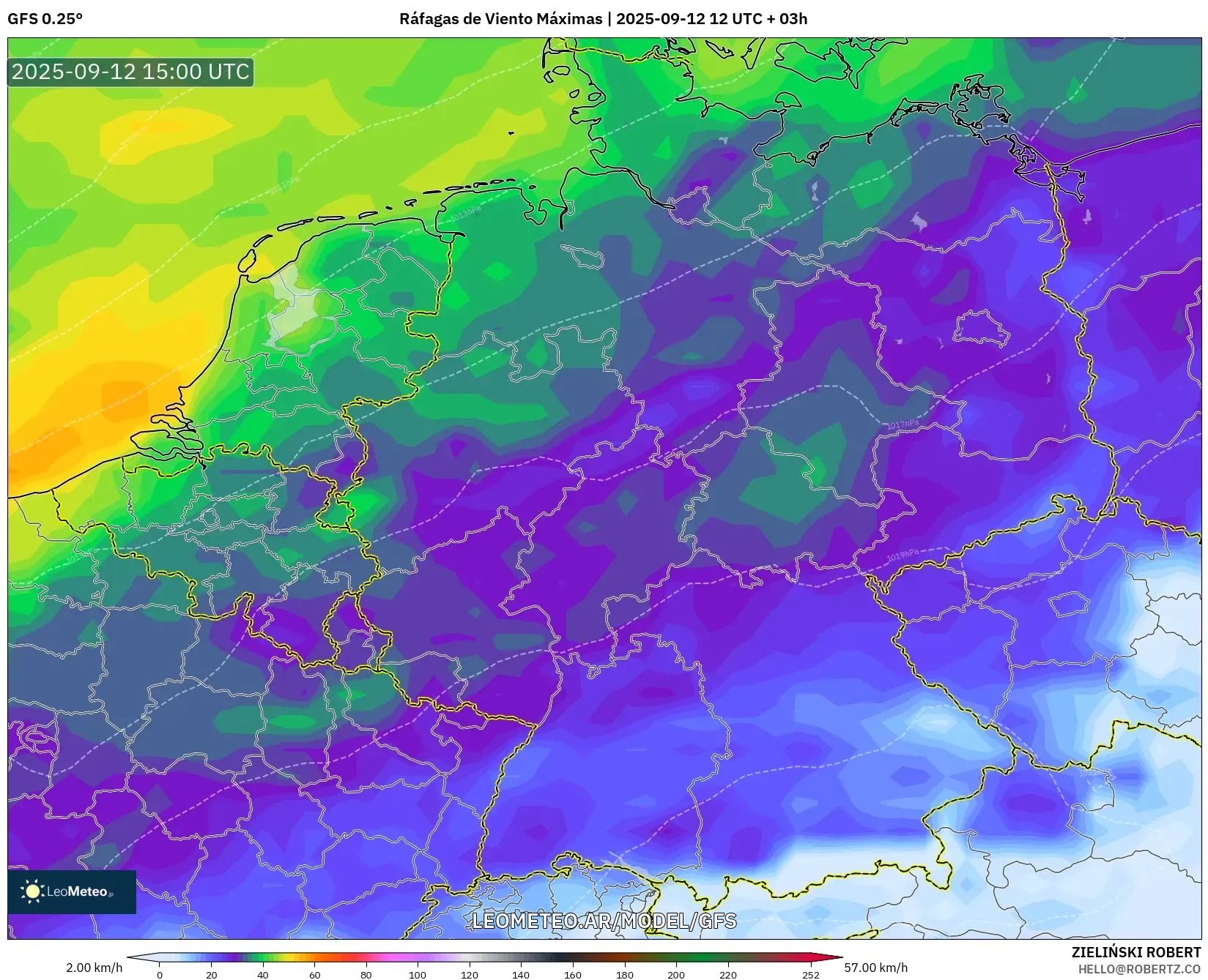 GFS model - Alemania, Ráfagas de Viento Máximas GFS model - Alemania, Ráfagas de Viento Máximas