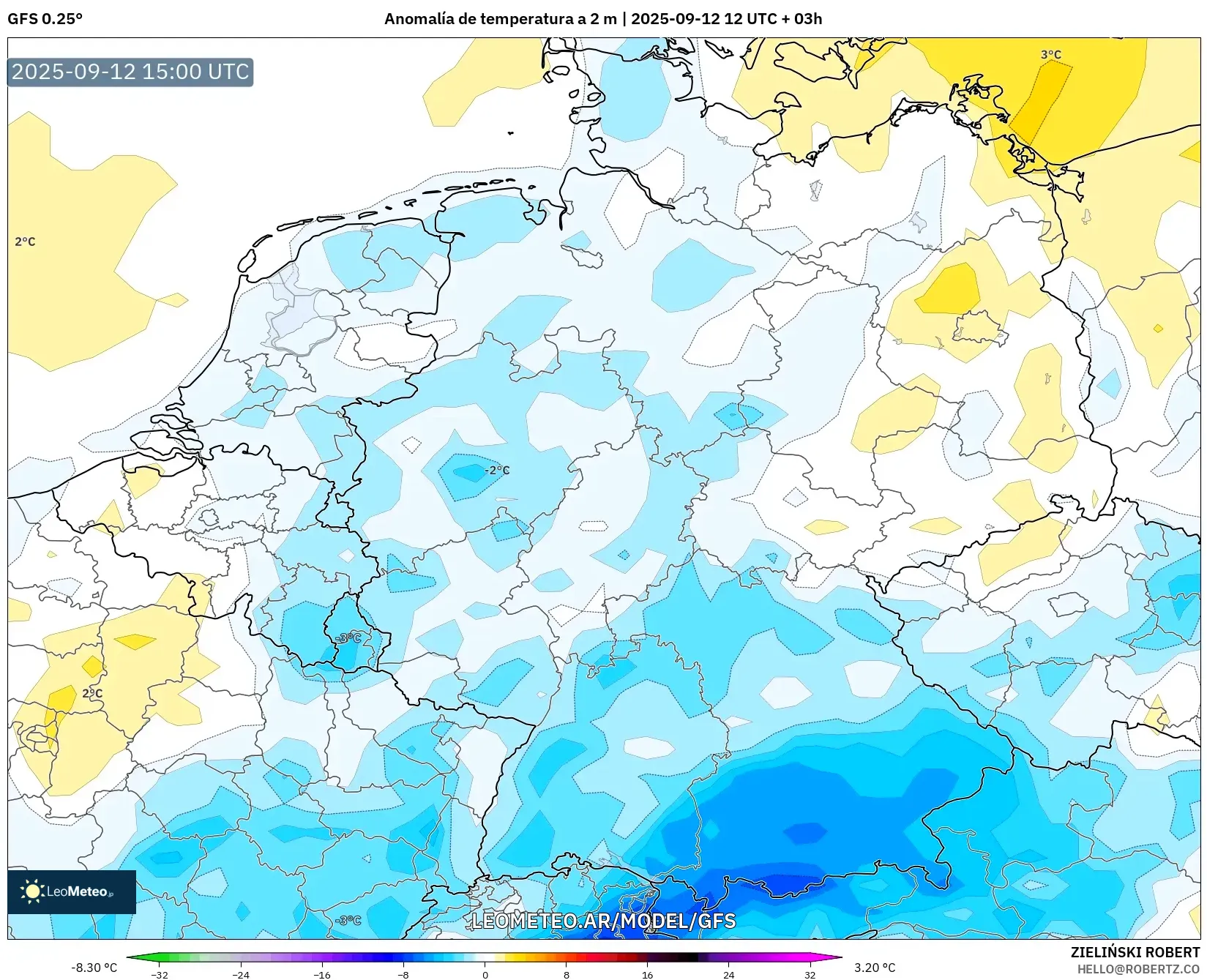 GFS model - Alemania, Anomalía de temperatura a 2 m GFS model - Alemania, Anomalía de temperatura a 2 m
