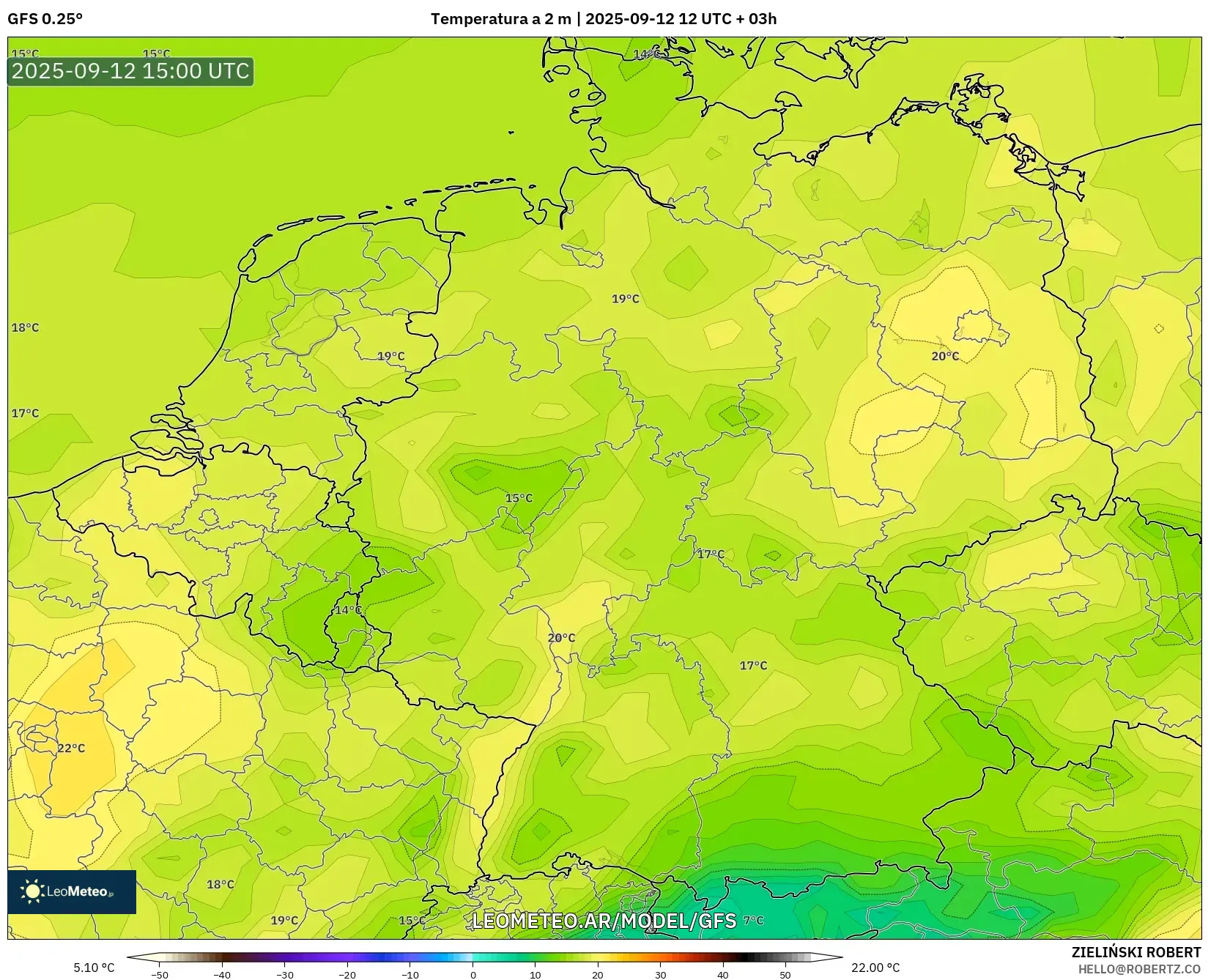 GFS model - Alemania, Temperatura a 2 m GFS model - Alemania, Temperatura a 2 m