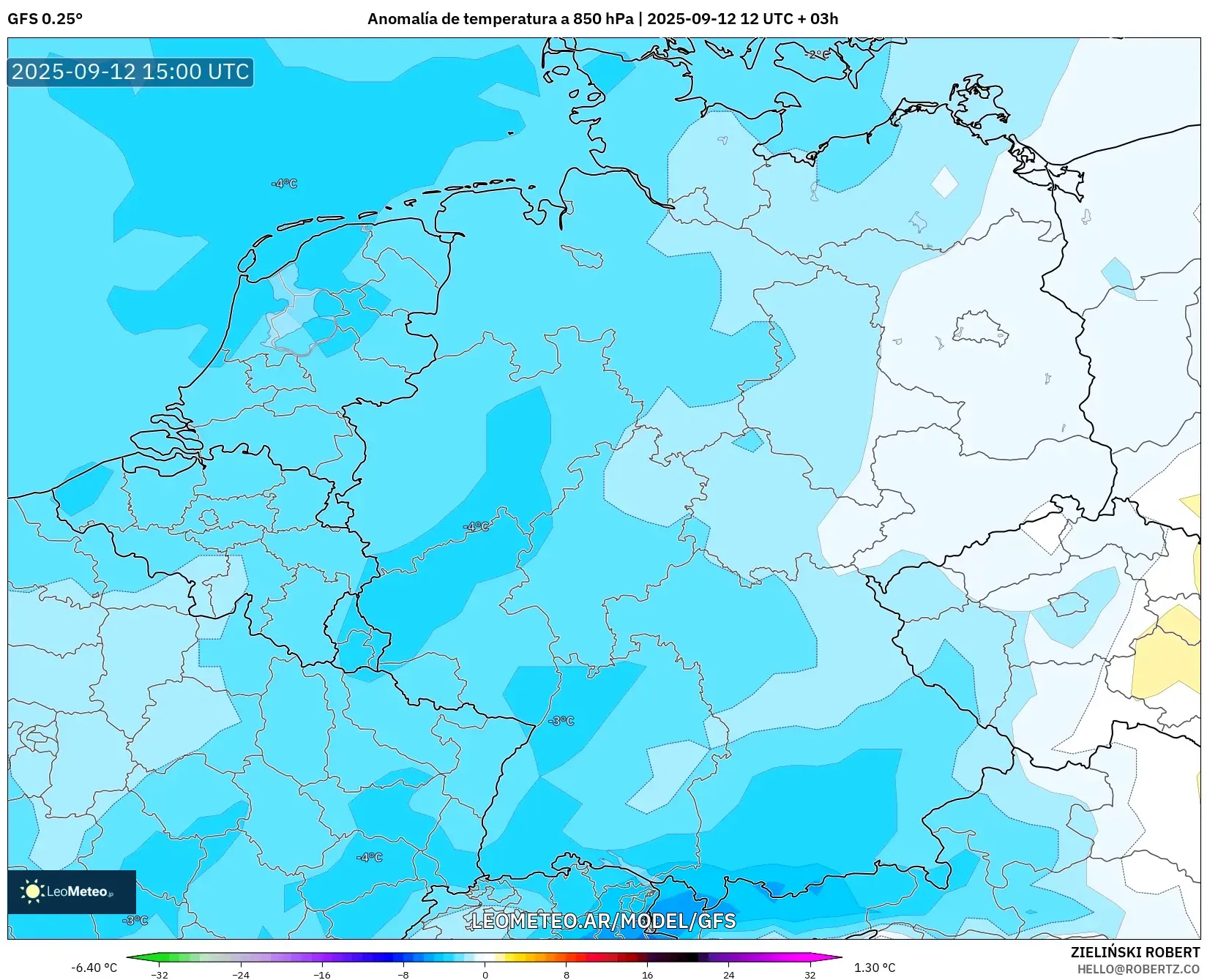 GFS model - Alemania, Anomalía de temperatura a 850 hPa GFS model - Alemania, Anomalía de temperatura a 850 hPa
