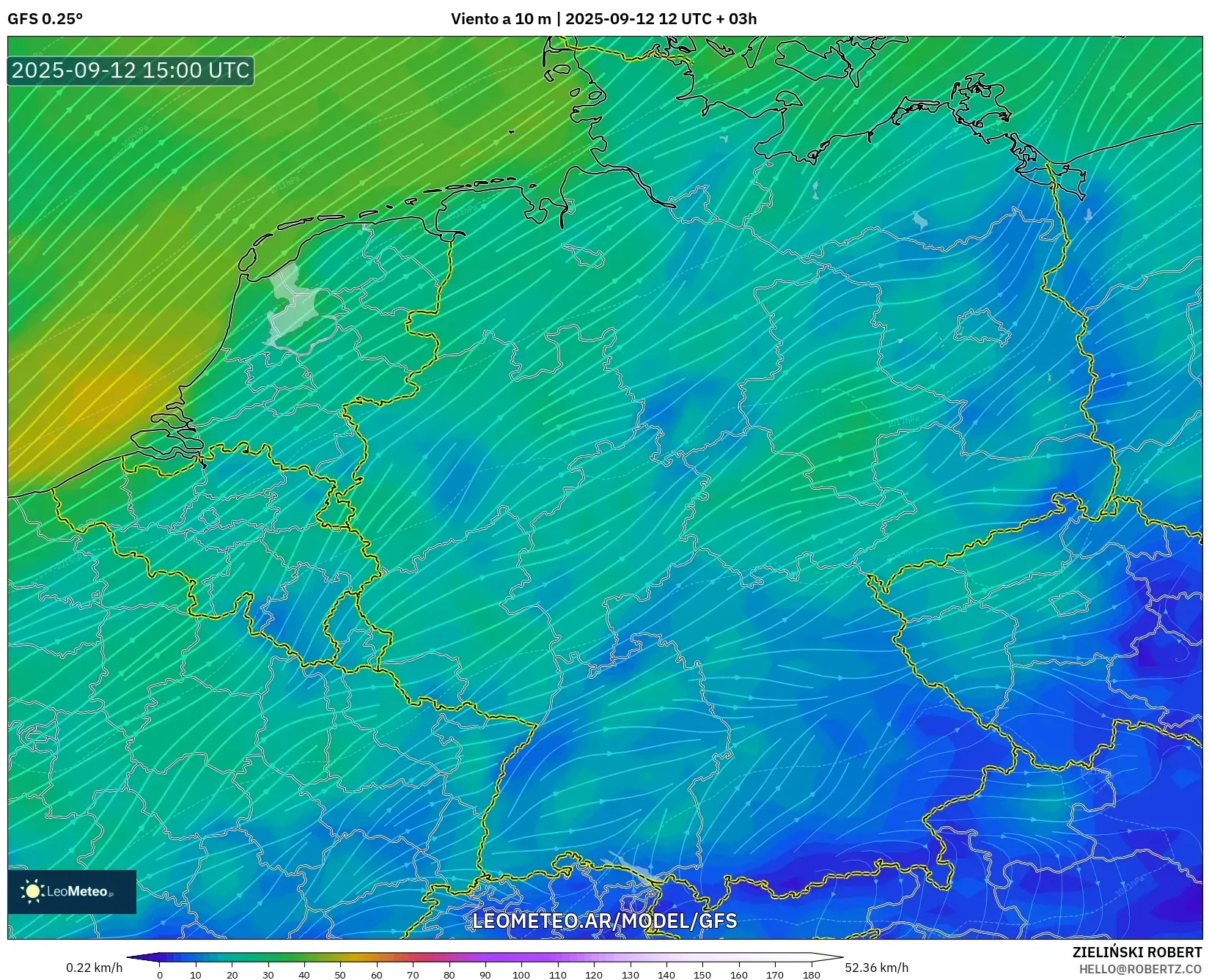GFS model - Alemania, Viento a 10 m GFS model - Alemania, Viento a 10 m