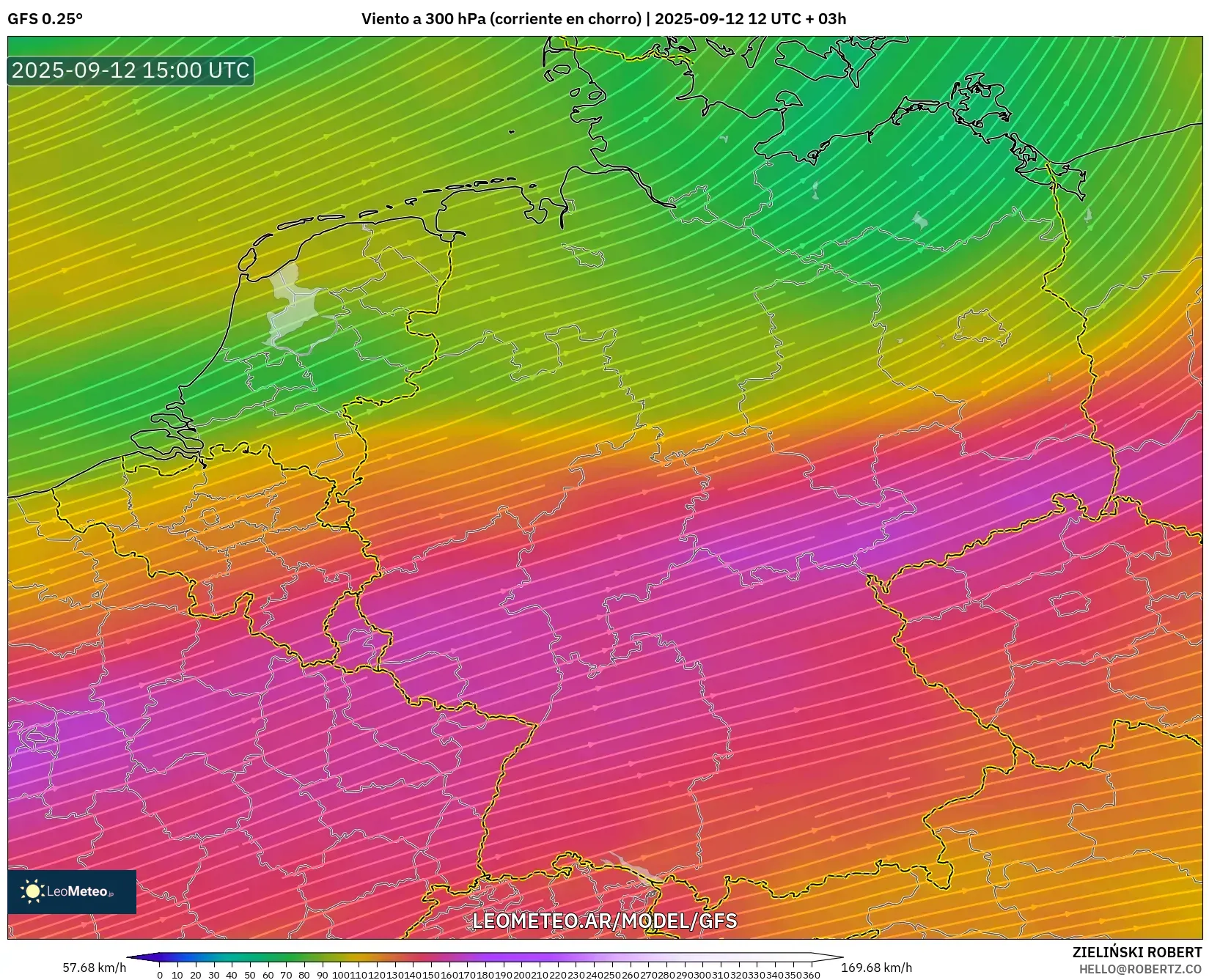 GFS model - Alemania, Viento a 300 hPa (corriente en chorro) GFS model - Alemania, Viento a 300 hPa (corriente en chorro)