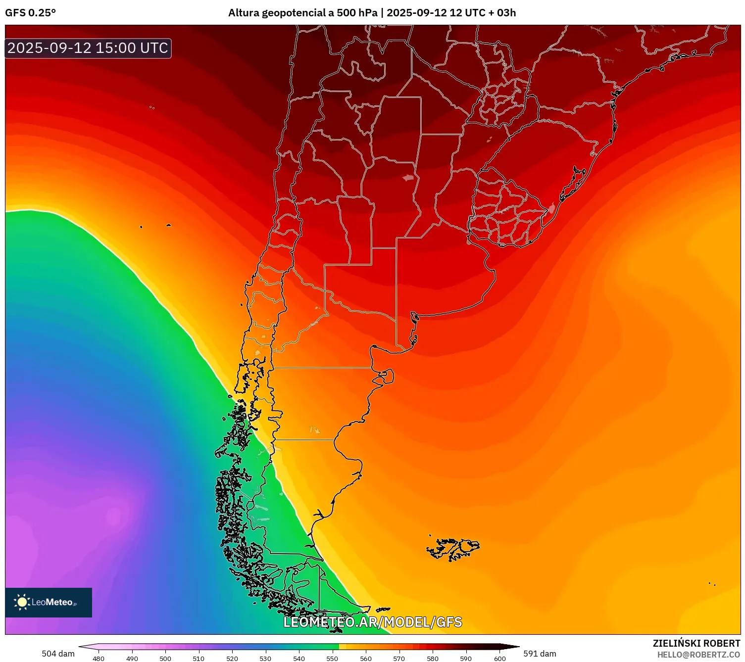 GFS model - Argentina, Altura geopotencial a 500 hPa GFS model - Argentina, Altura geopotencial a 500 hPa