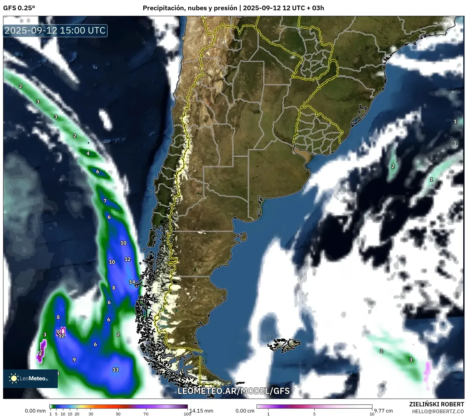 GFS model - Argentina, Precipitación, nubes y presión GFS model - Argentina, Precipitación, nubes y presión