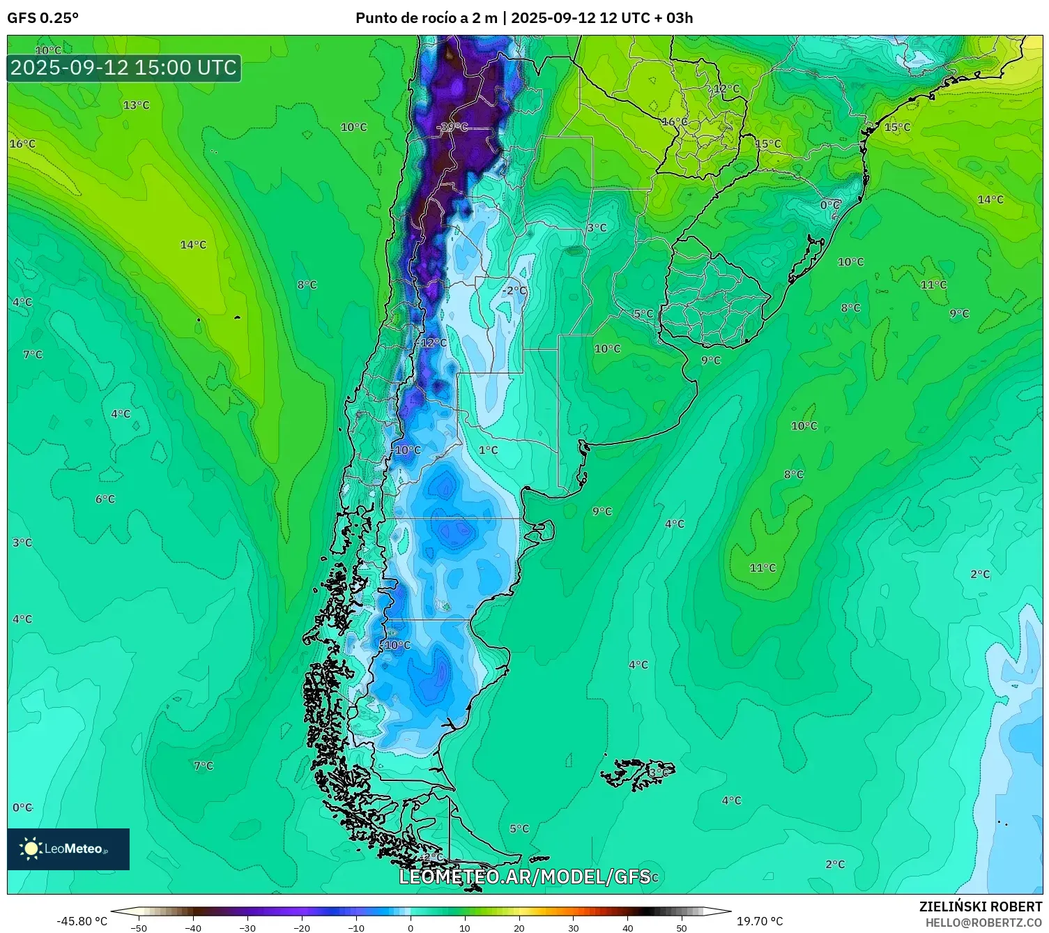 GFS model - Argentina, Punto de rocío a 2 m