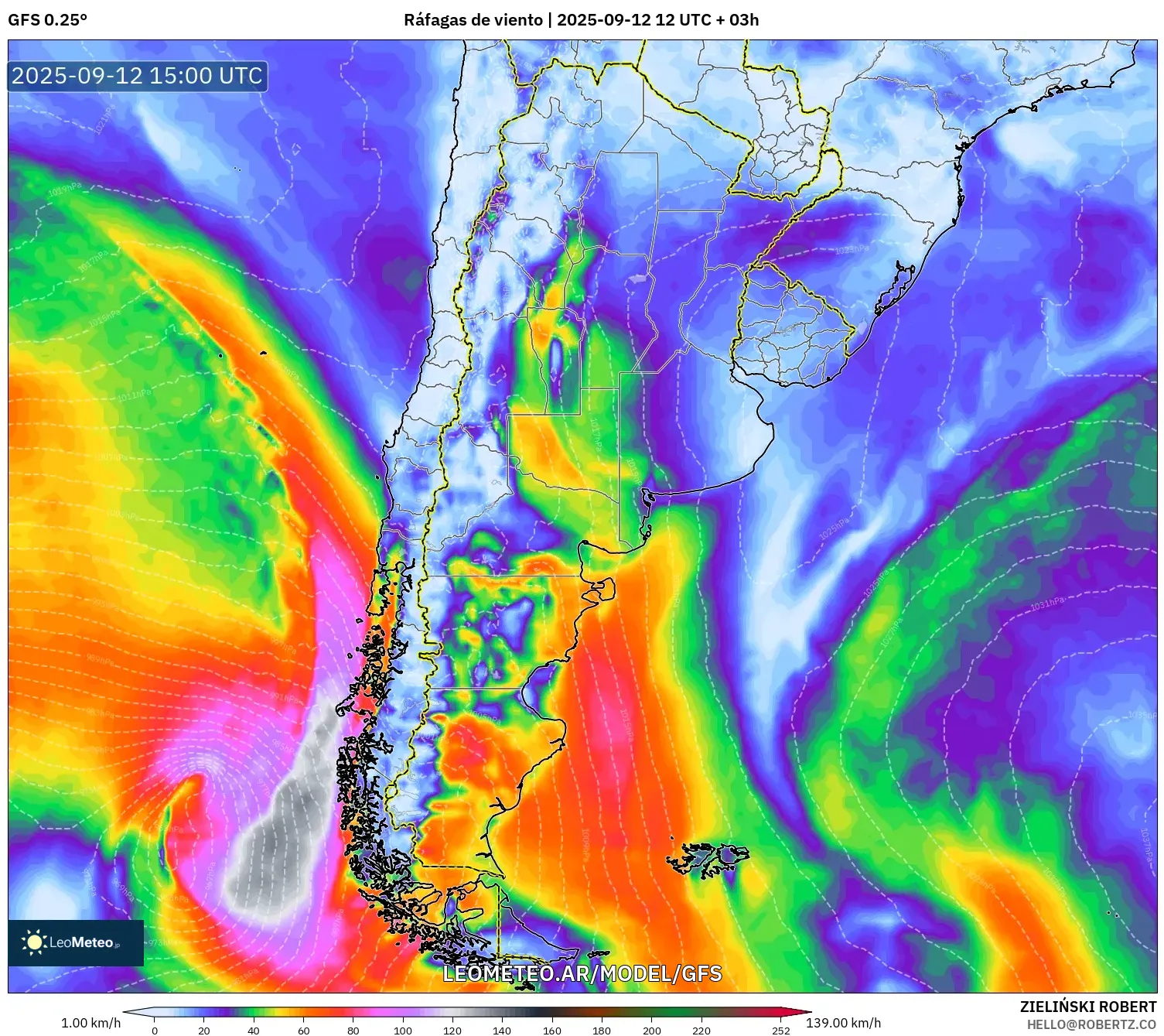 GFS model - Argentina, Ráfagas de viento GFS model - Argentina, Ráfagas de viento