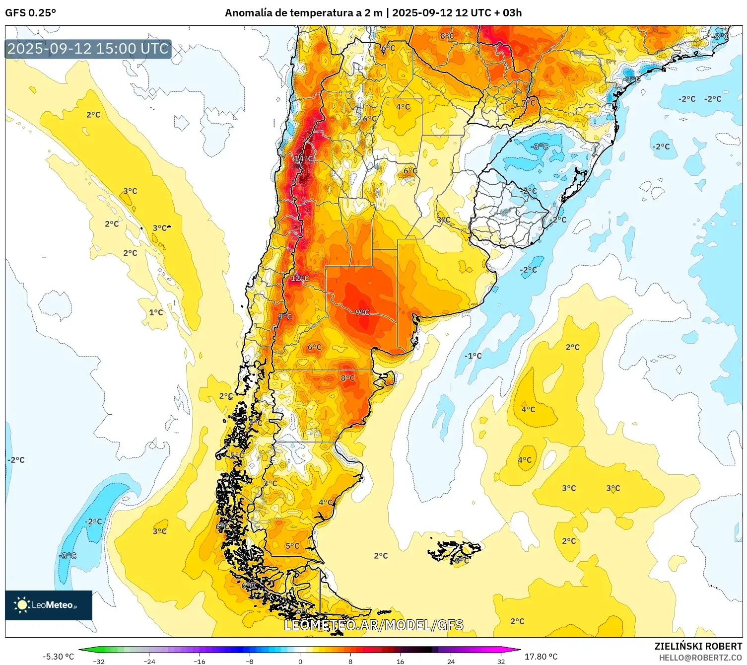 GFS model - Argentina, Anomalía de temperatura a 2 m GFS model - Argentina, Anomalía de temperatura a 2 m
