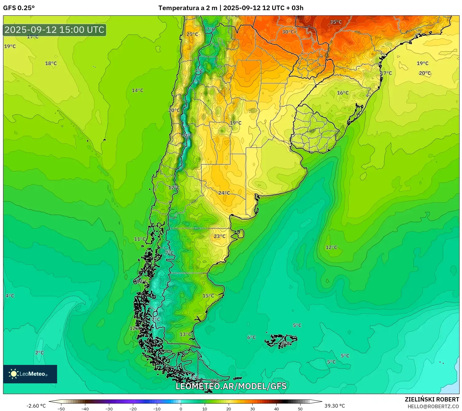 GFS model - Argentina, Temperatura a 2 m GFS model - Argentina, Temperatura a 2 m