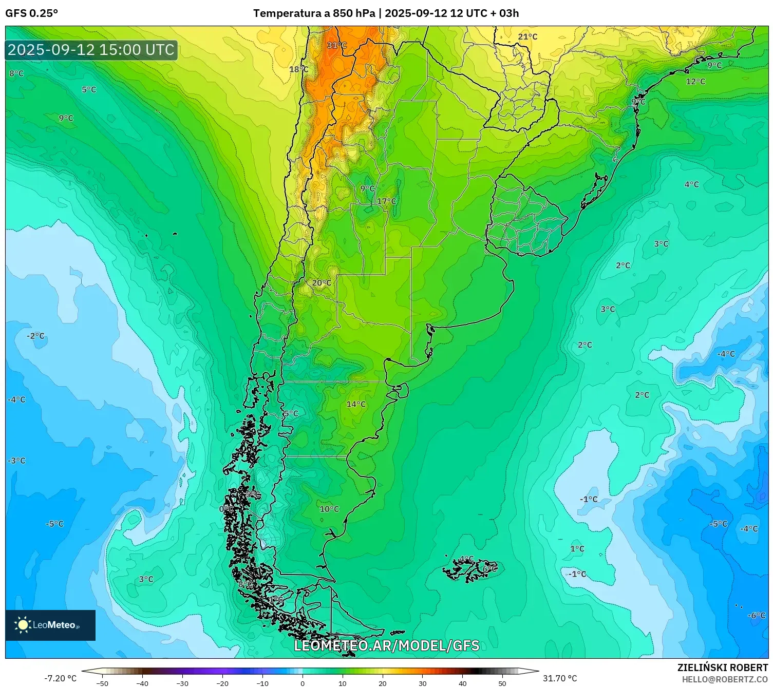 GFS model - Argentina, Temperatura a 850 hPa GFS model - Argentina, Temperatura a 850 hPa