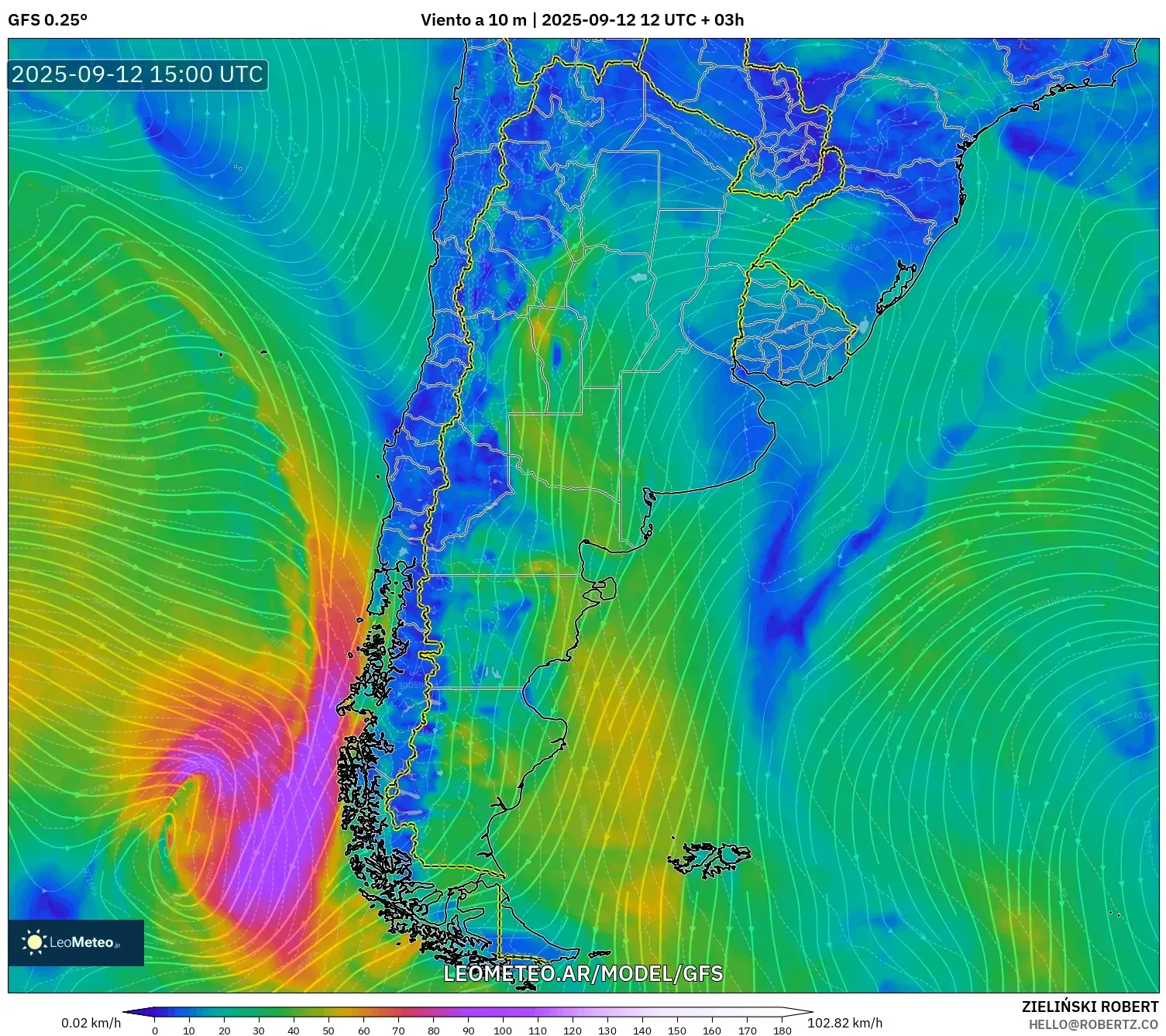 GFS model - Argentina, Viento a 10 m GFS model - Argentina, Viento a 10 m