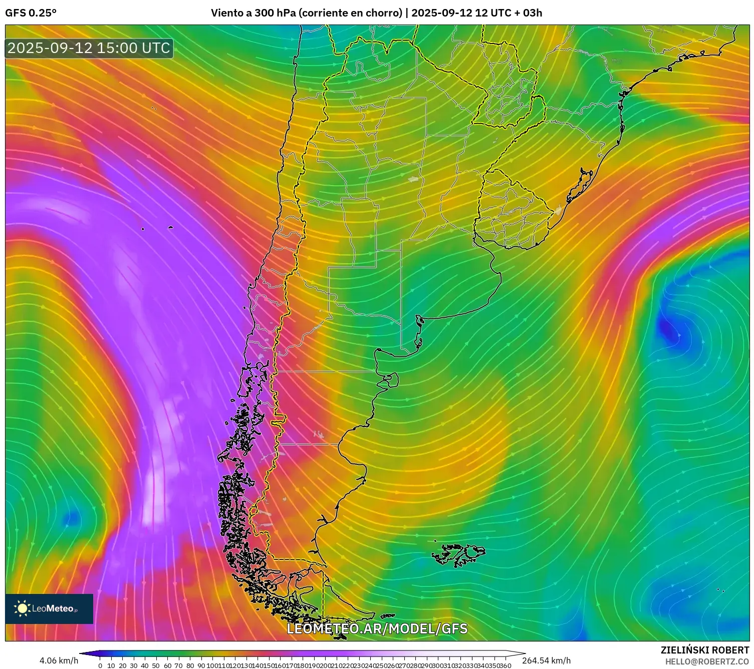 GFS model - Argentina, Viento a 300 hPa (corriente en chorro) GFS model - Argentina, Viento a 300 hPa (corriente en chorro)