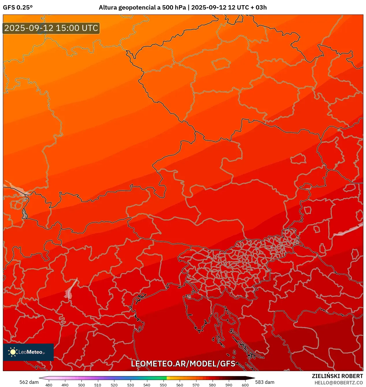 GFS model - Austria, Altura geopotencial a 500 hPa