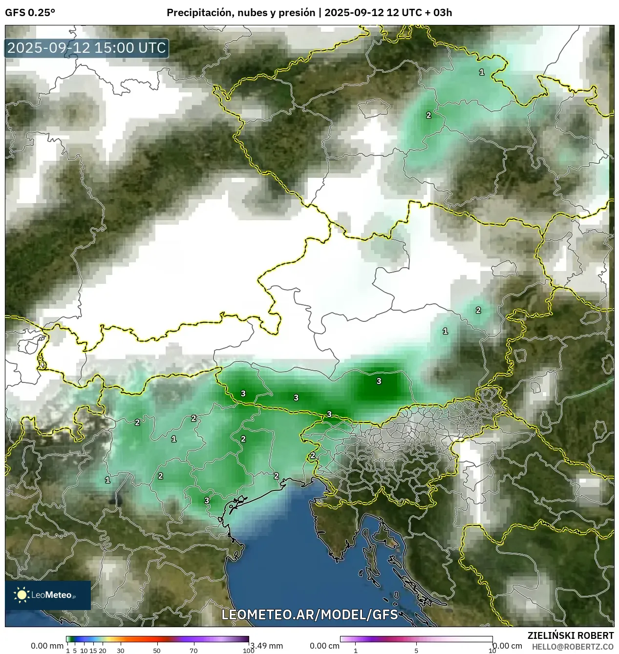 GFS model - Austria, Precipitación, nubes y presión GFS model - Austria, Precipitación, nubes y presión