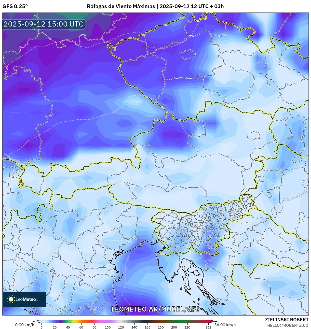 GFS model - Austria, Ráfagas de Viento Máximas GFS model - Austria, Ráfagas de Viento Máximas