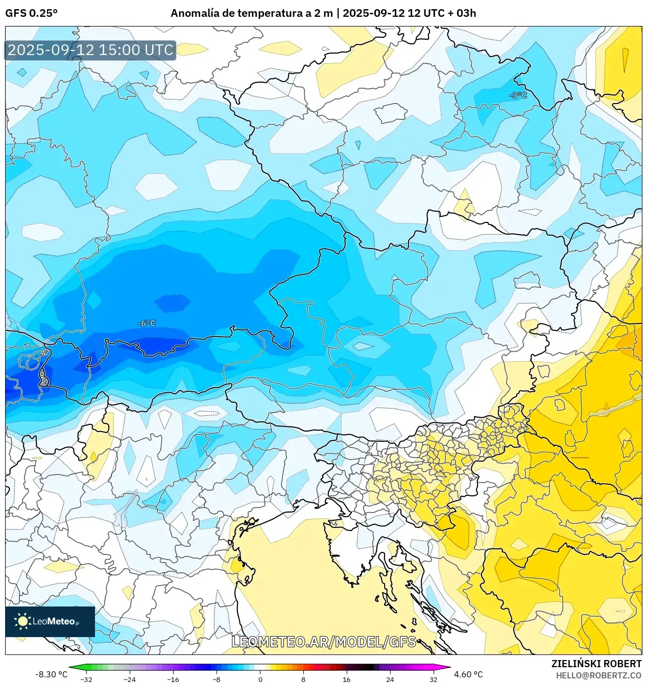 GFS model - Austria, Anomalía de temperatura a 2 m GFS model - Austria, Anomalía de temperatura a 2 m