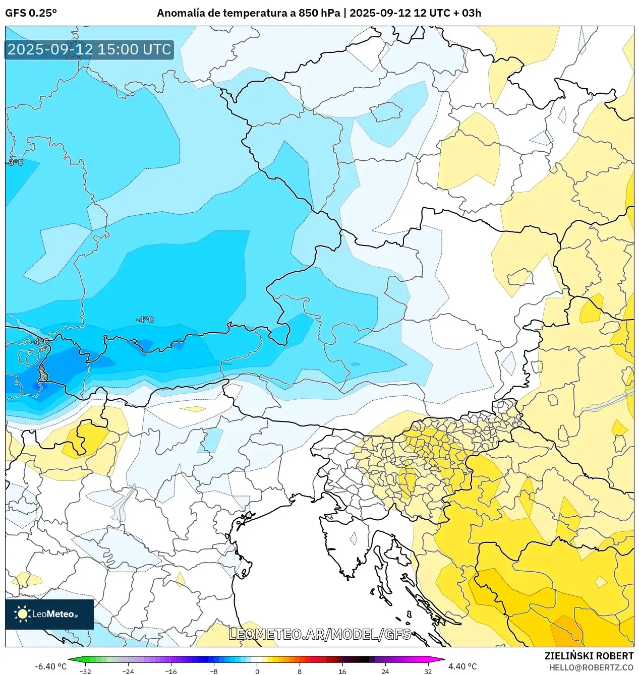 GFS model - Austria, Anomalía de temperatura a 850 hPa