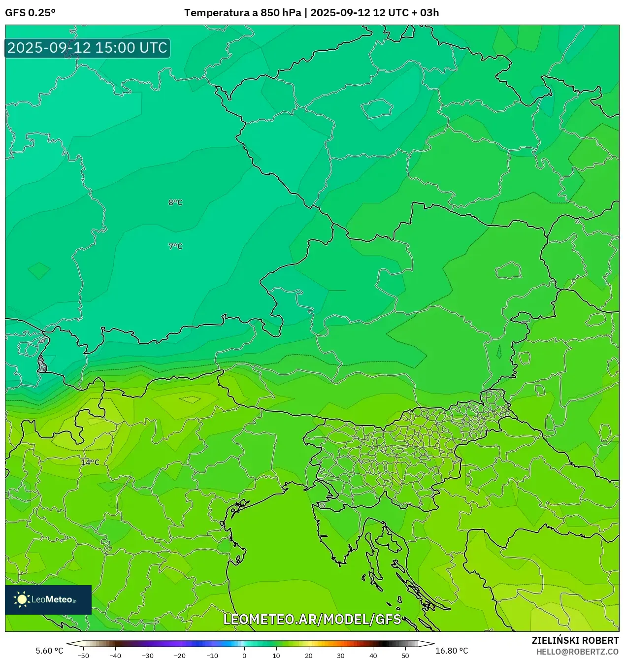 GFS model - Austria, Temperatura a 850 hPa