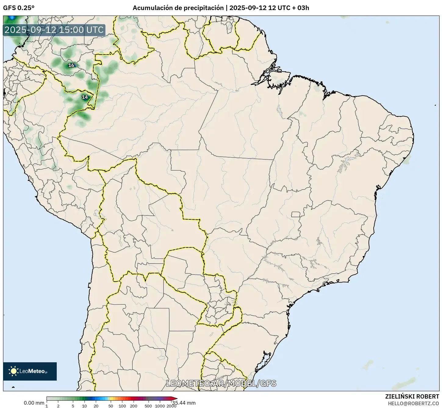 GFS model - Brasil, Acumulación de precipitación GFS model - Brasil, Acumulación de precipitación