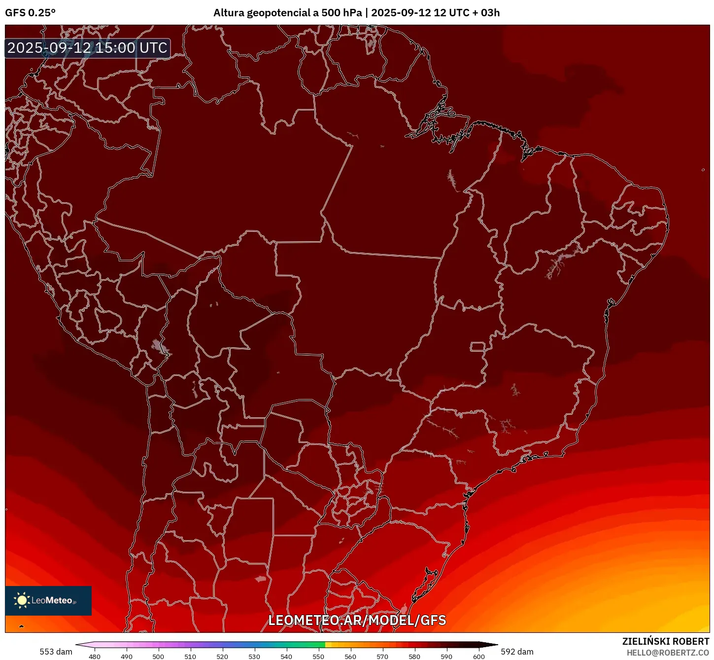 GFS model - Brasil, Altura geopotencial a 500 hPa