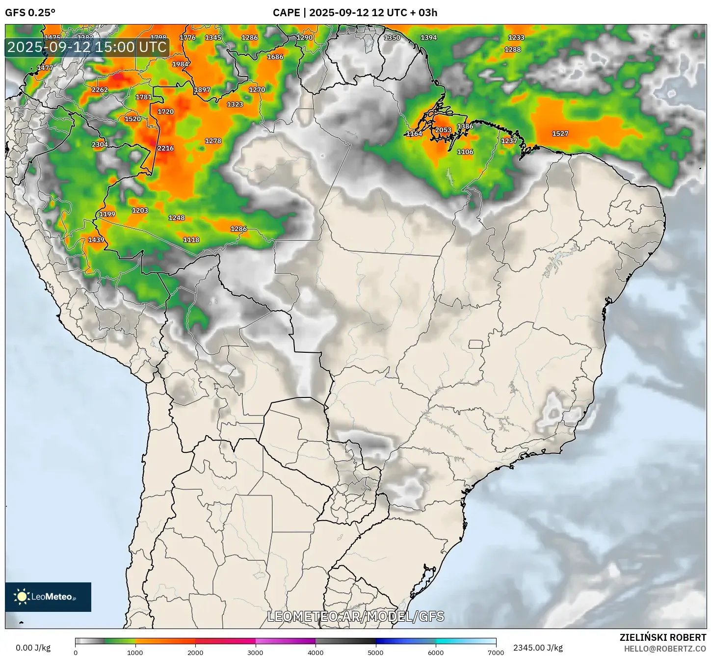 GFS model - Brasil, CAPE GFS model - Brasil, CAPE