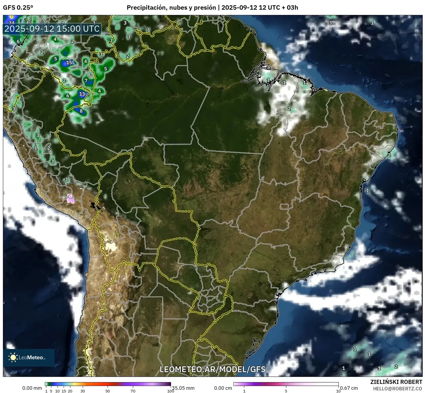 GFS model - Brasil, Precipitación, nubes y presión