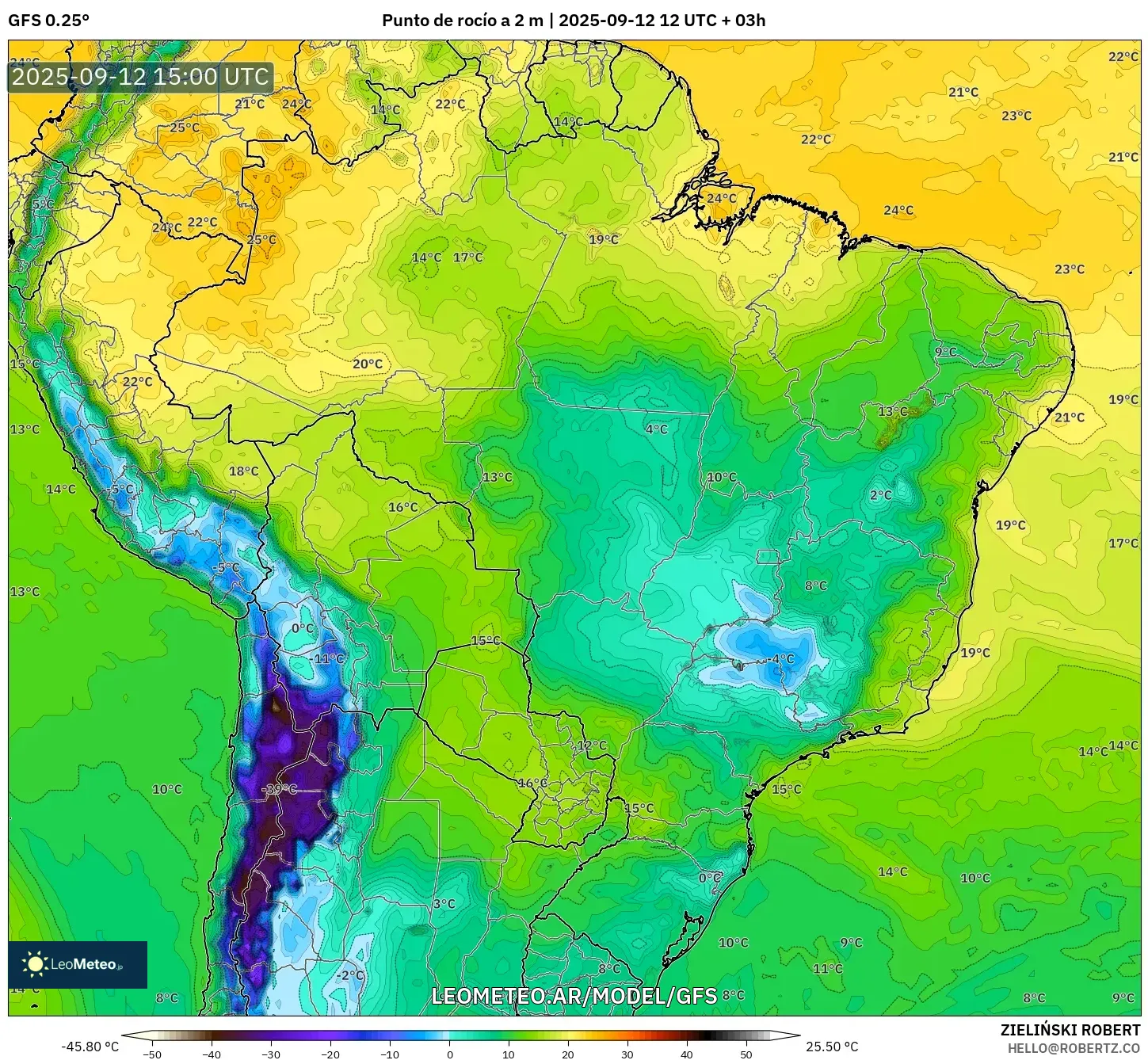 GFS model - Brasil, Punto de rocío a 2 m GFS model - Brasil, Punto de rocío a 2 m