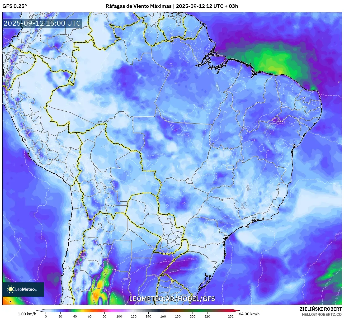 GFS model - Brasil, Ráfagas de Viento Máximas