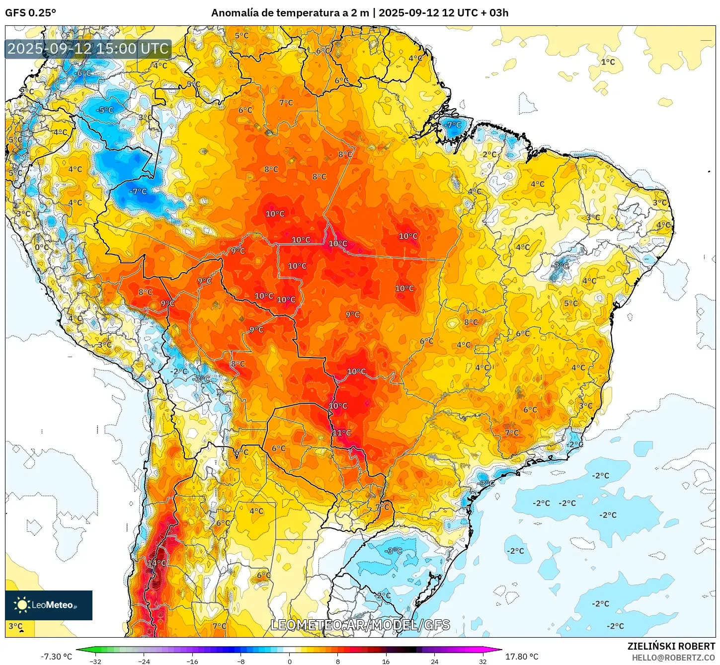GFS model - Brasil, Anomalía de temperatura a 2 m GFS model - Brasil, Anomalía de temperatura a 2 m
