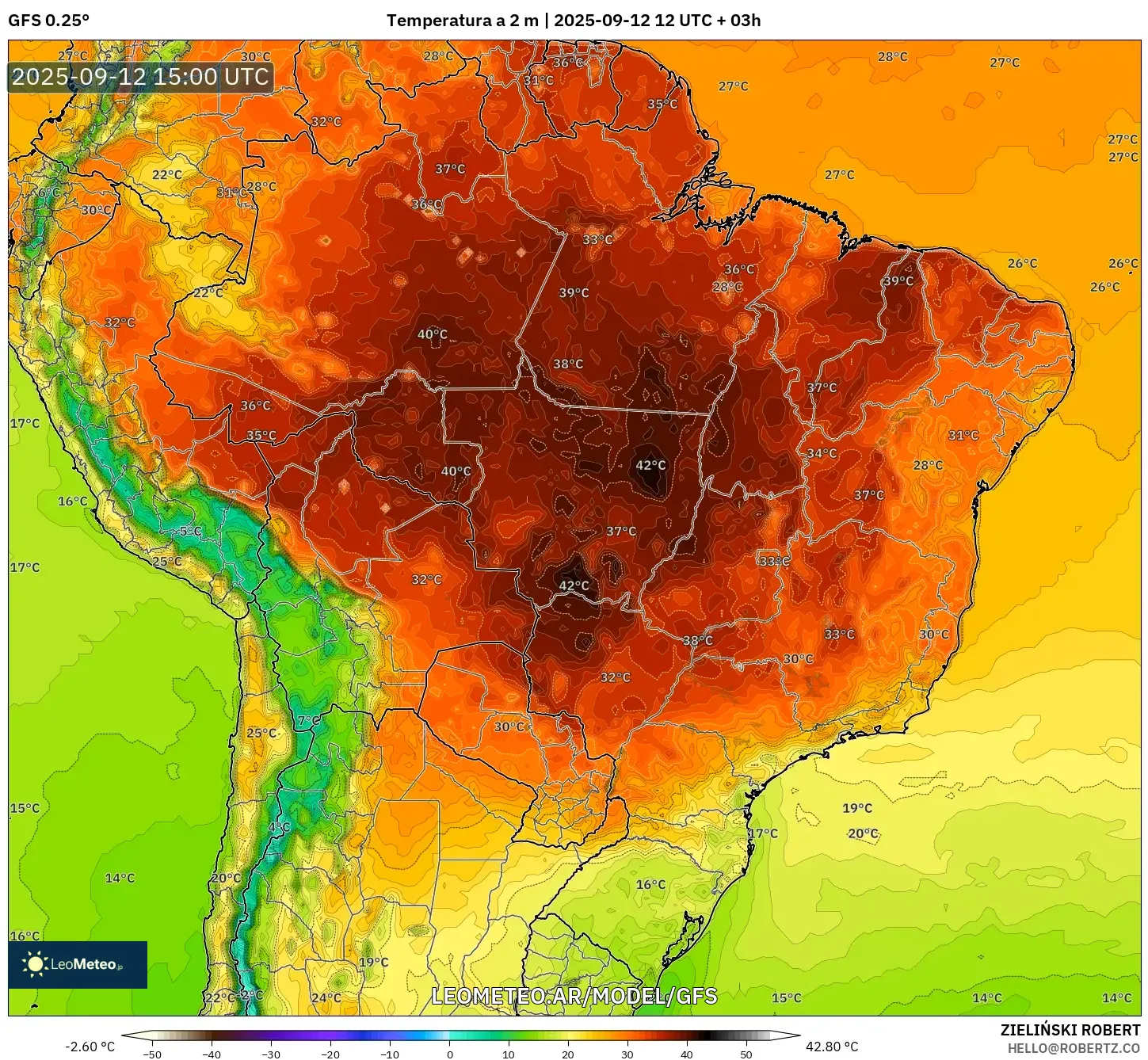 GFS model - Brasil, Temperatura a 2 m GFS model - Brasil, Temperatura a 2 m