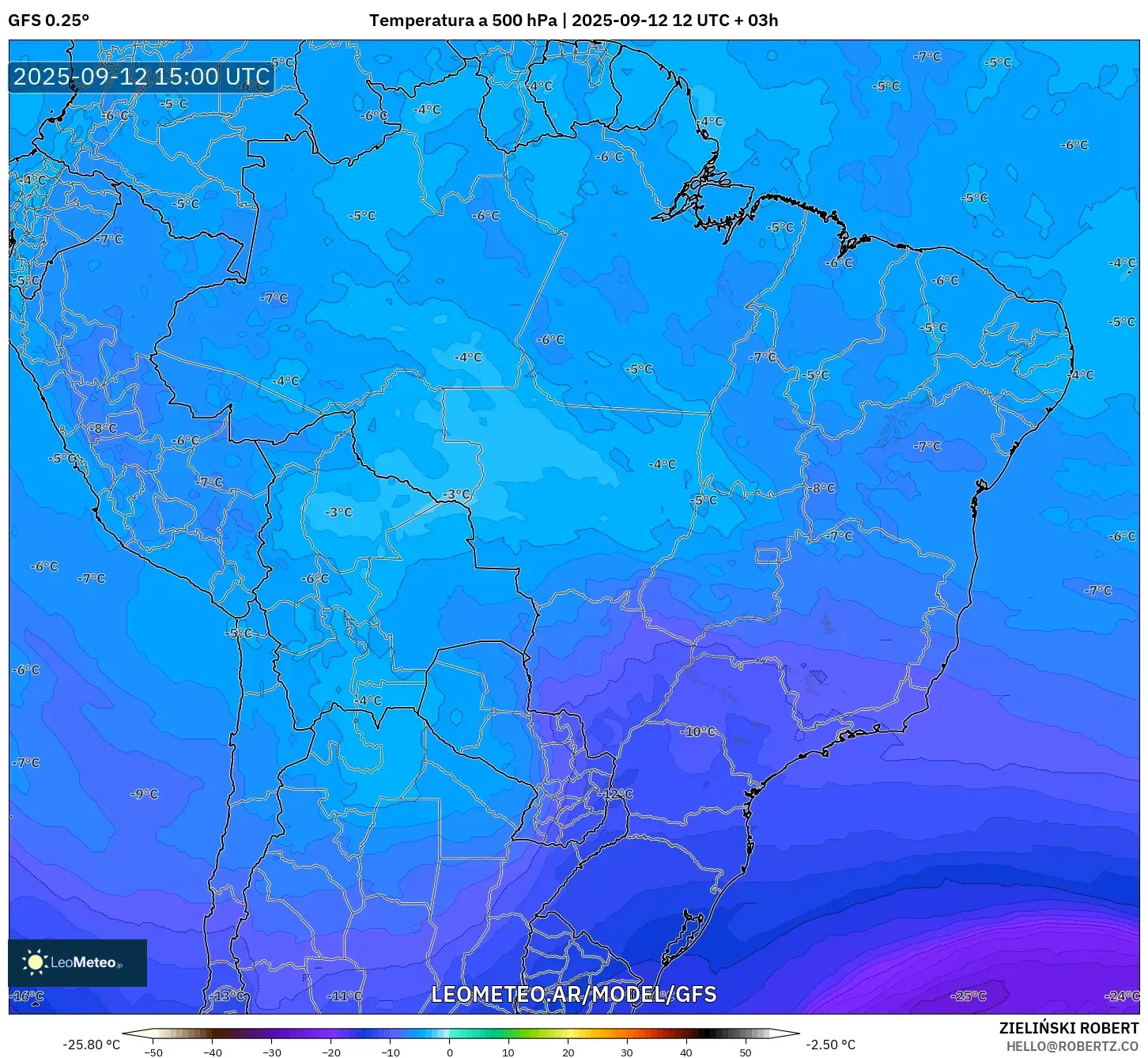 GFS model - Brasil, Temperatura a 500 hPa