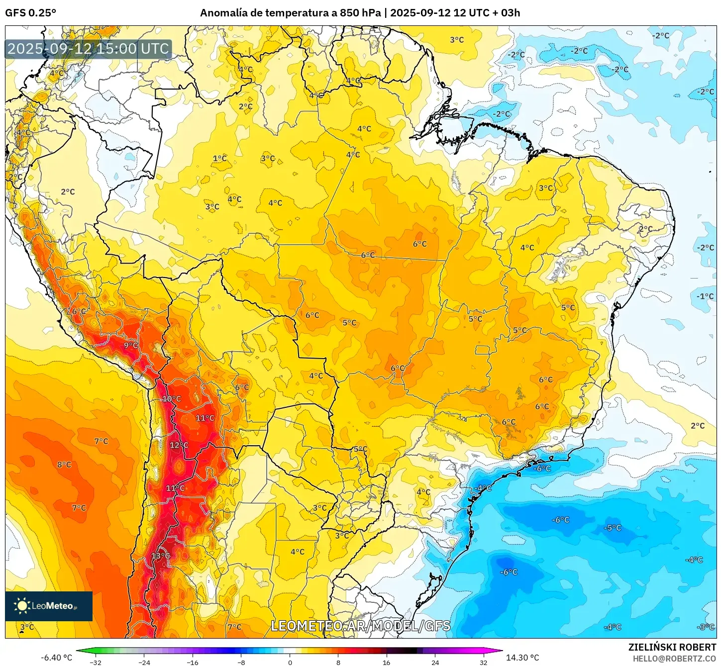 GFS model - Brasil, Anomalía de temperatura a 850 hPa GFS model - Brasil, Anomalía de temperatura a 850 hPa